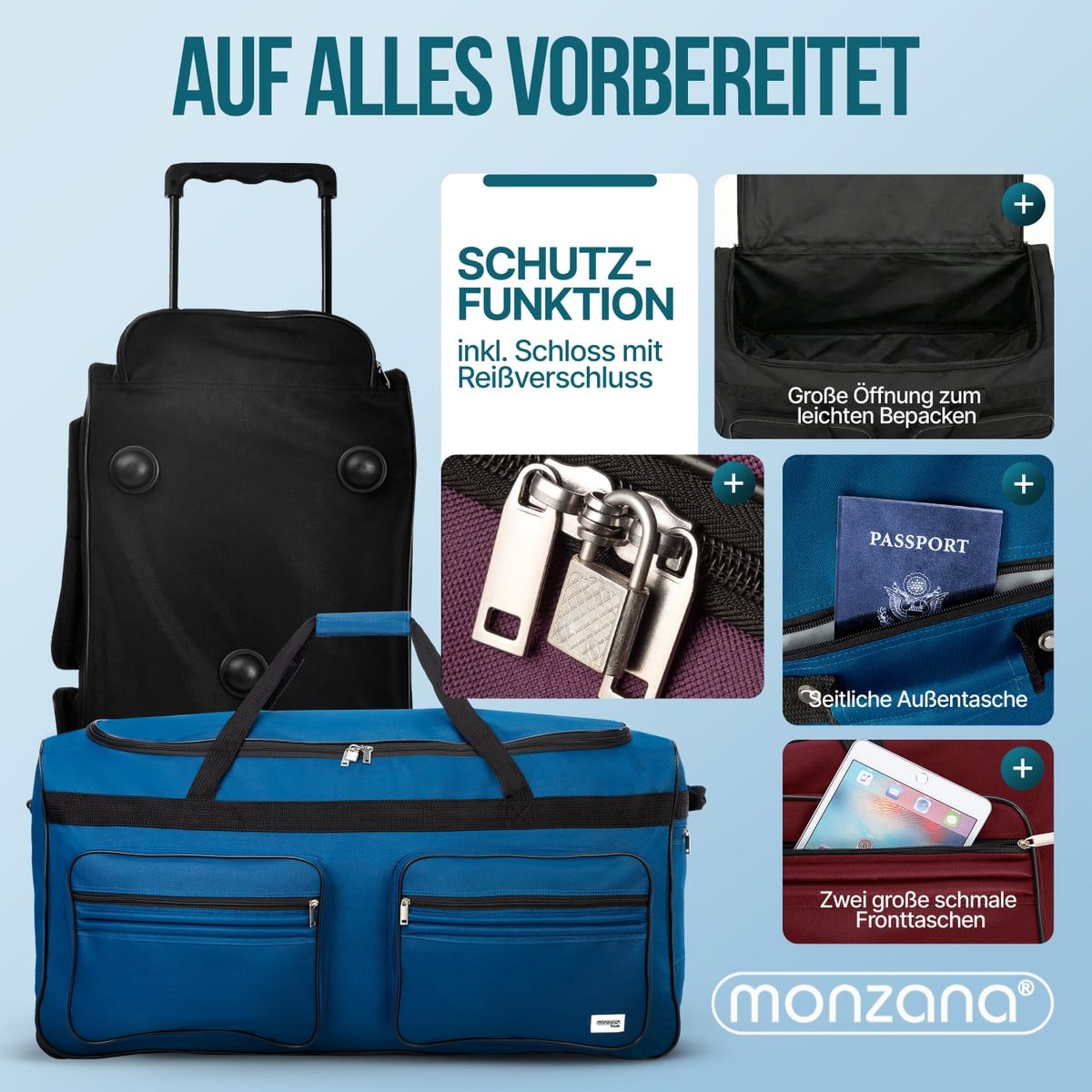 monzana Reisetasche Leonardo, mit Rollen 160L Trolley Teleskopgriff Schwarz Groß XXL Gepäcktasche