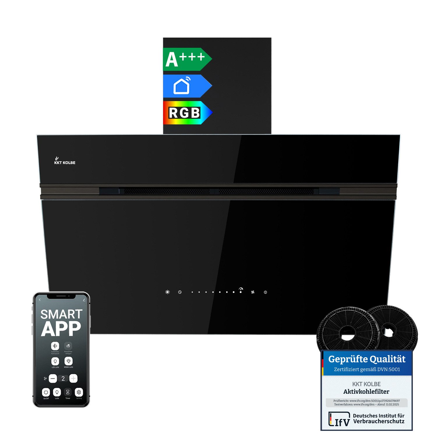 KKT KOLBE Wandhaube Dunstabzugshaube 80cm AURORA8005FB RGBW Ambientebeleuchtung Dunstabzugshaube 80cm AURORA8005FB RGBW Ambientebeleuchtung, Kopffreihaube / Umluft / Abluft / Smarte WiFi-App / Schwarz / Glas