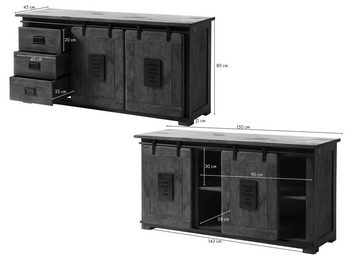 Massivmoebel24 Sideboard Sideboard Mango 150x45x80 grau lackiert RAILWAY #200