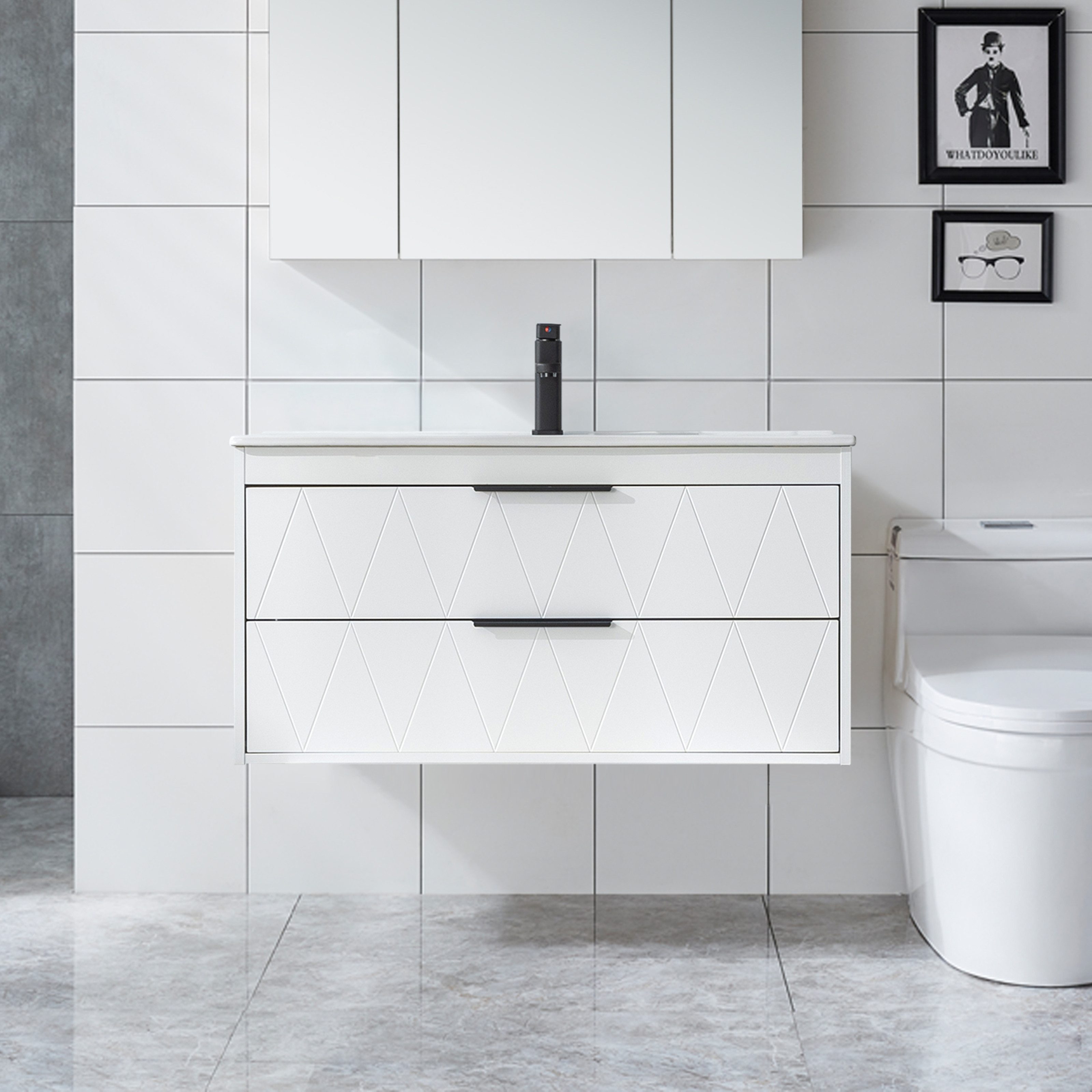 UEV Waschtisch mit Unterschrank, Hängender Waschbeckenunterschrank 60cm/75cm/90cm (mit Wasserhahn und Pop-up-Ablassventil), Soft-close Schubladen, Badezimmerschrank mit Waschbecken aus Keramik