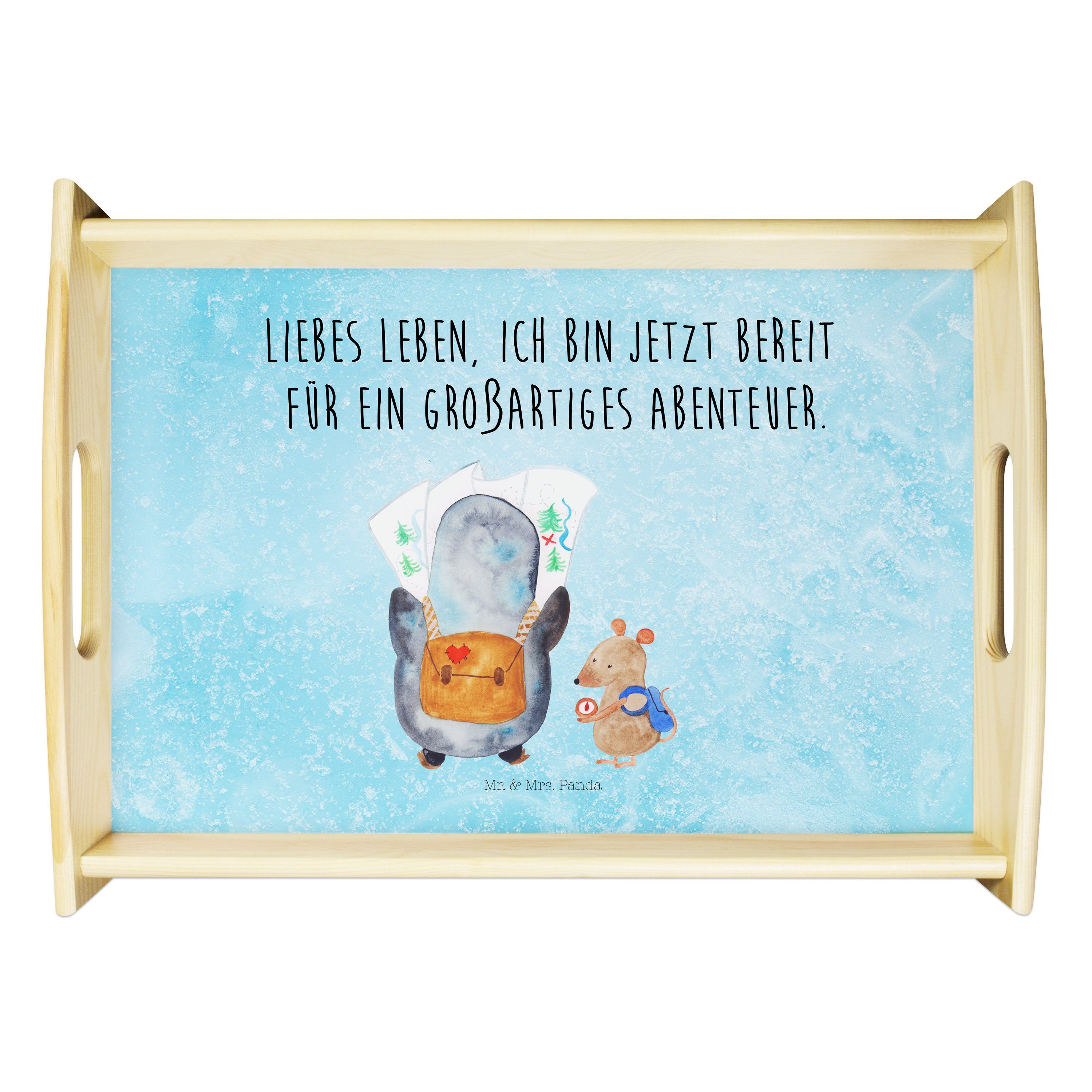 Mr. & Mrs. Panda Tablett Pinguin & Maus Wanderer - Eisblau - Geschenk, Küchentablett, Wanderlu, Echtholz lasiert, (1-tlg) | Tabletts