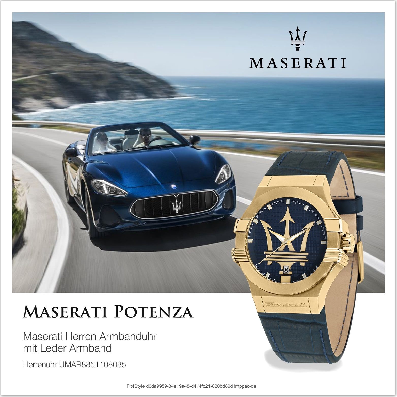 MASERATI Quarzuhr Maserati Leder groß Analog, blau Gehäuse, Herrenuhr Armband-Uhr (ca. rundes Lederarmband, 40mm)