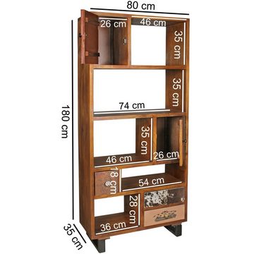 möbelando Bücherregal Bücherregal PATNA 180 x 80 x 35 cm Massiv Holz, Bücherregal PATNA 180 x 80 x 35 cm Massiv Holz Mango Natur mit Schubladen, Landhaus-Stil Standregal groß 5 Fächer, Holzregal Wandregal