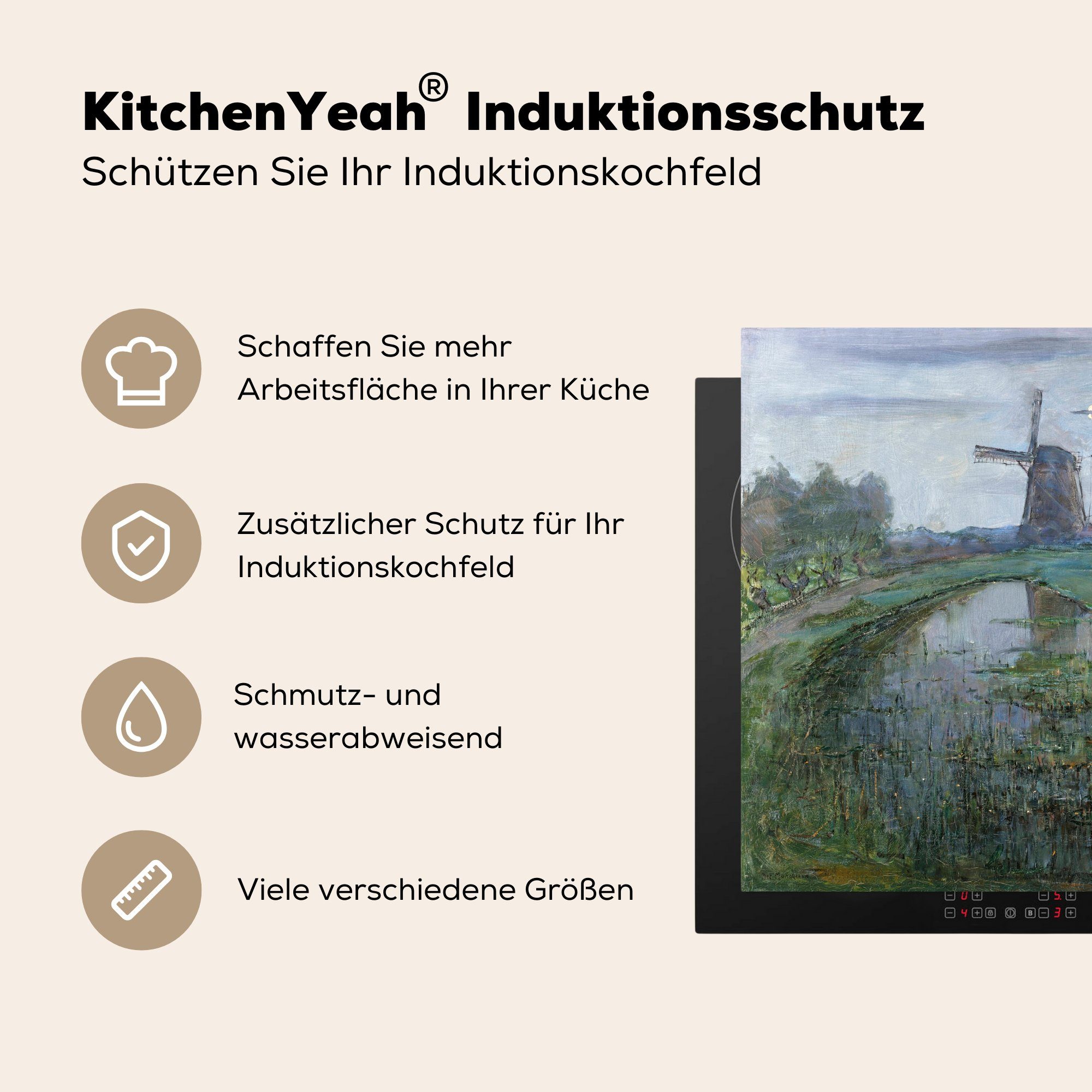 59x52 (1 Ceranfeldabdeckung cm, auf tlg), die Vinyl, Herdblende-/Abdeckplatte der Gein Piet Mondrian, im - für MuchoWow Mondlicht Windmühle küche, Induktionsmatte