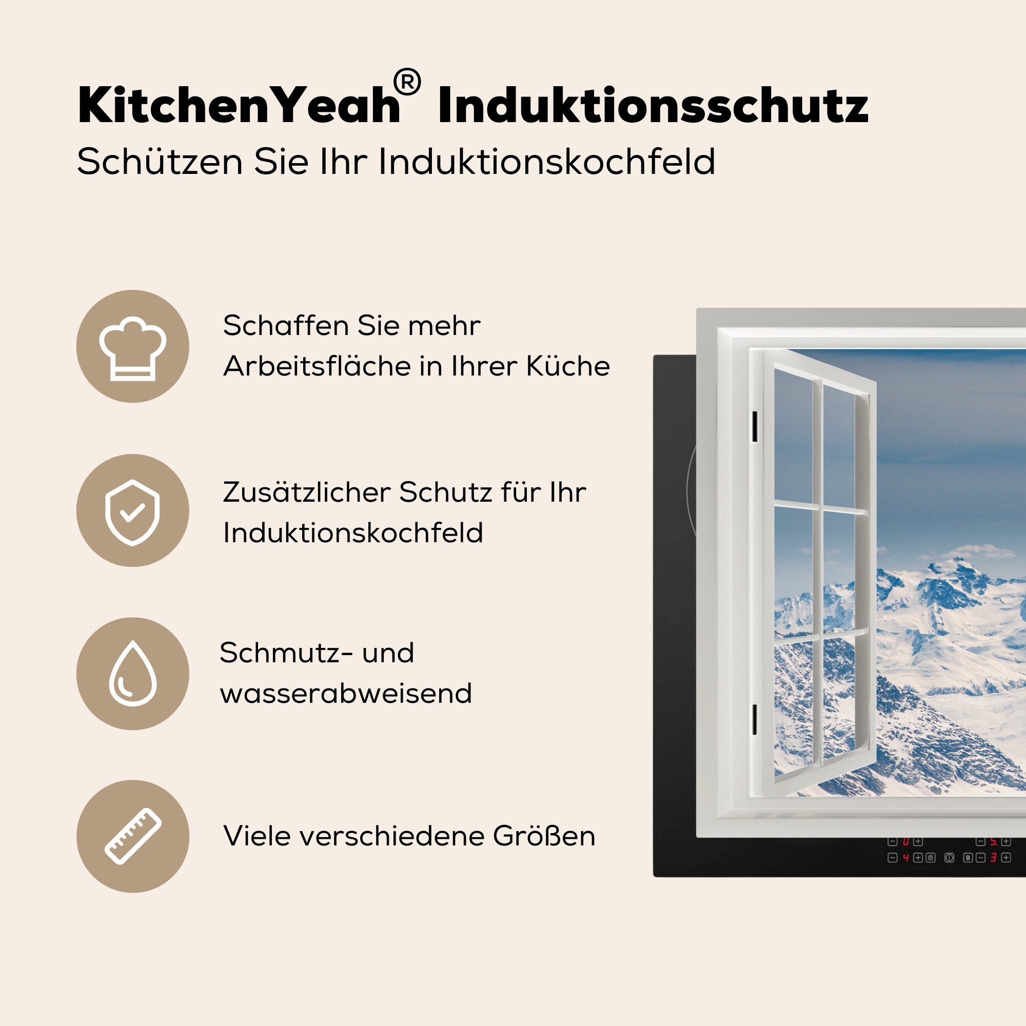 tlg), für Schutz Vinyl, Ceranfeldabdeckung 81x52 Aussicht - Induktionskochfeld - Berge, MuchoWow (1 küche, Schnee Herdblende-/Abdeckplatte cm, die