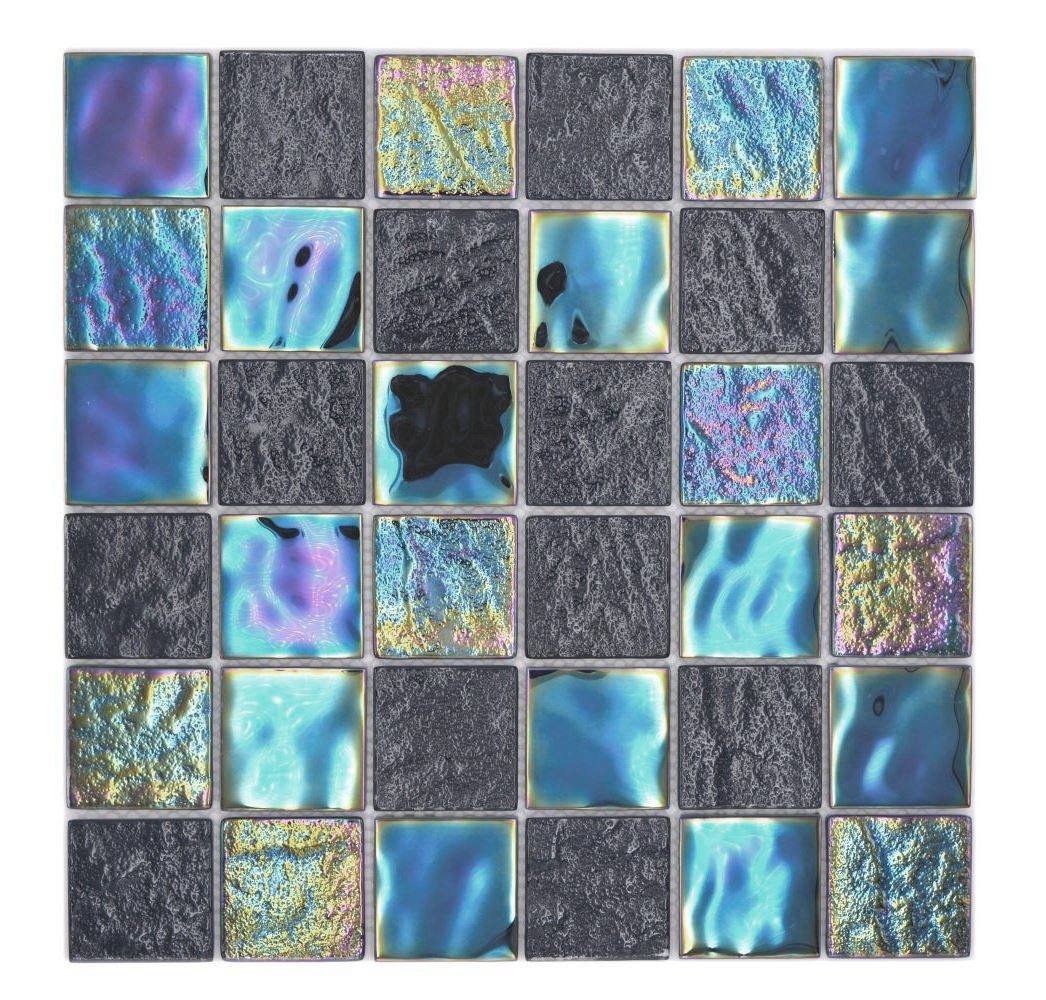 Mosani Mosaikfliesen Glas Crystal Mosaikfliesen iridium blau schwarz glänzend / 10 Matten
