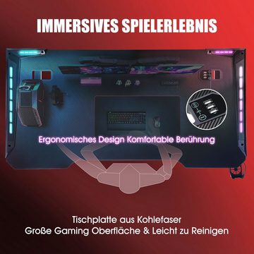 oyajia Gamingtisch Computer-Gaming-Schreibtisch mit LED, 120cm 140cm Gamingtisch Schwarz, Getränkehalter und Kopfhörerhaken, Z-förmiger PC-Gaming-Schreibtisch