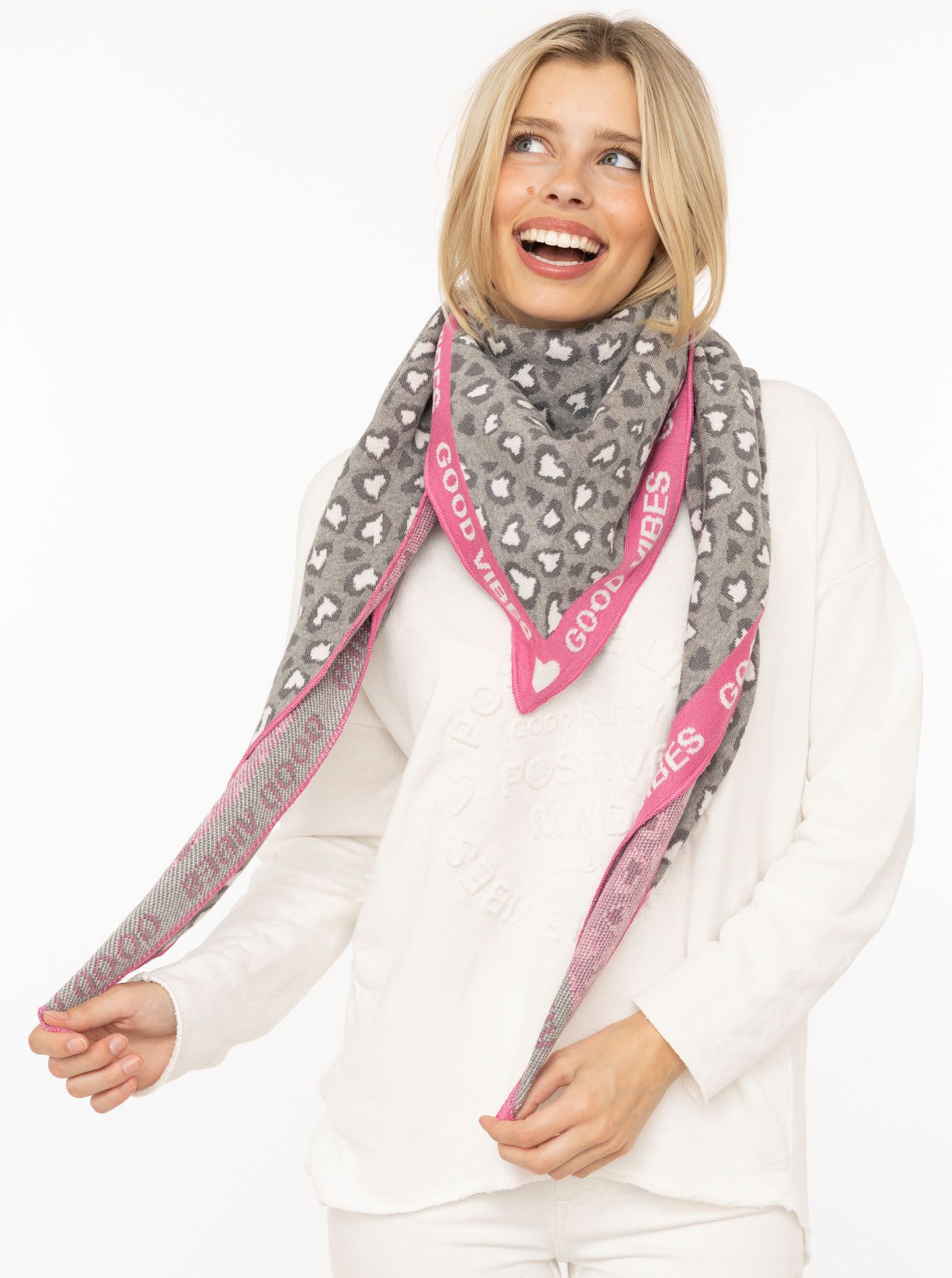Zwillingsherz Modetuch Dreieckstuch BW "Leo & Good, Leo mit pinker Kante und guten Vibes