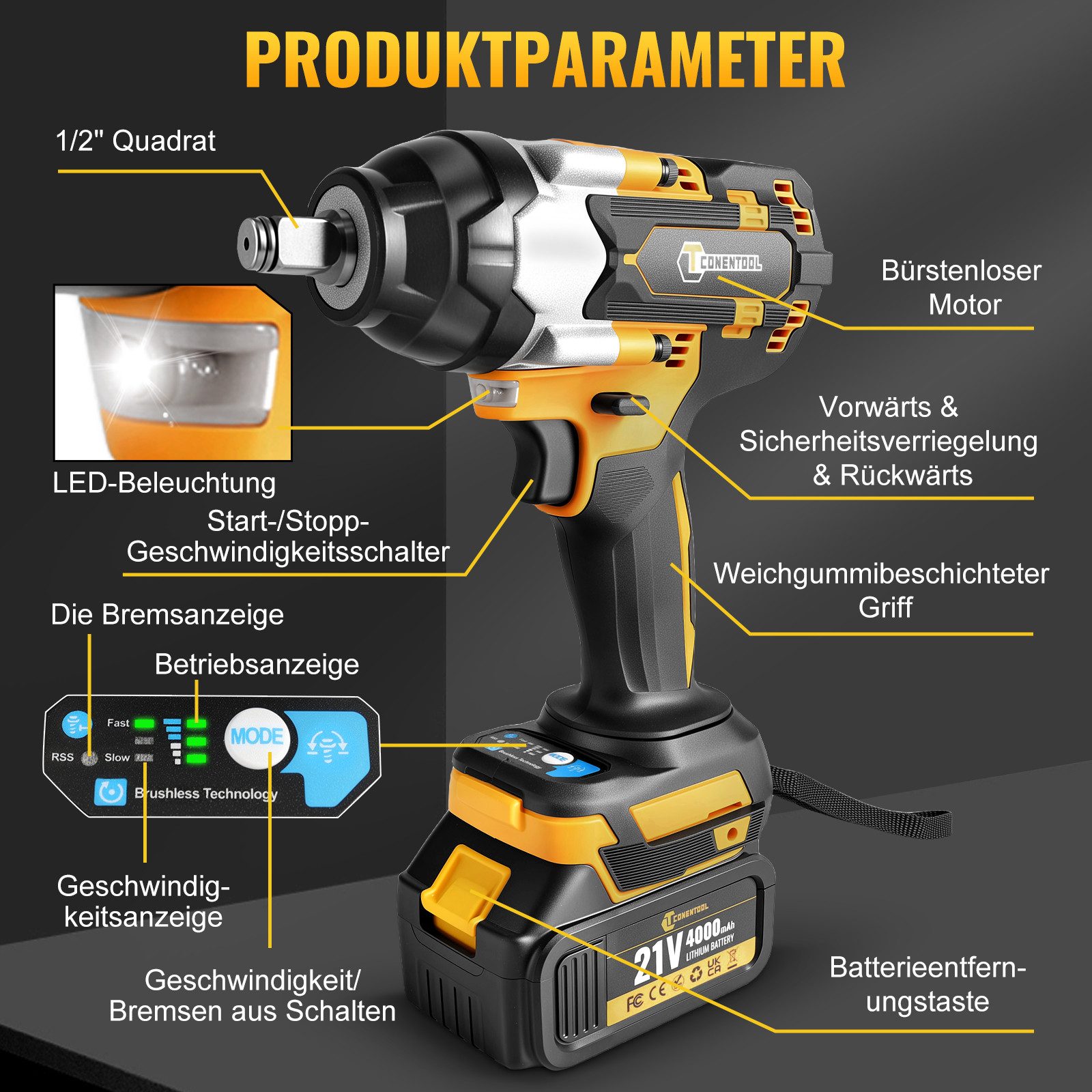 CONENTOOL Akku-Schlagschrauber 800Nm, 1/2 Zoll Bürstenloser Schlagschrauber, 4600 U/min, 800 Nm, (Set, 19-tlg), mit 2x Akku & Koffer für Haus und Auto