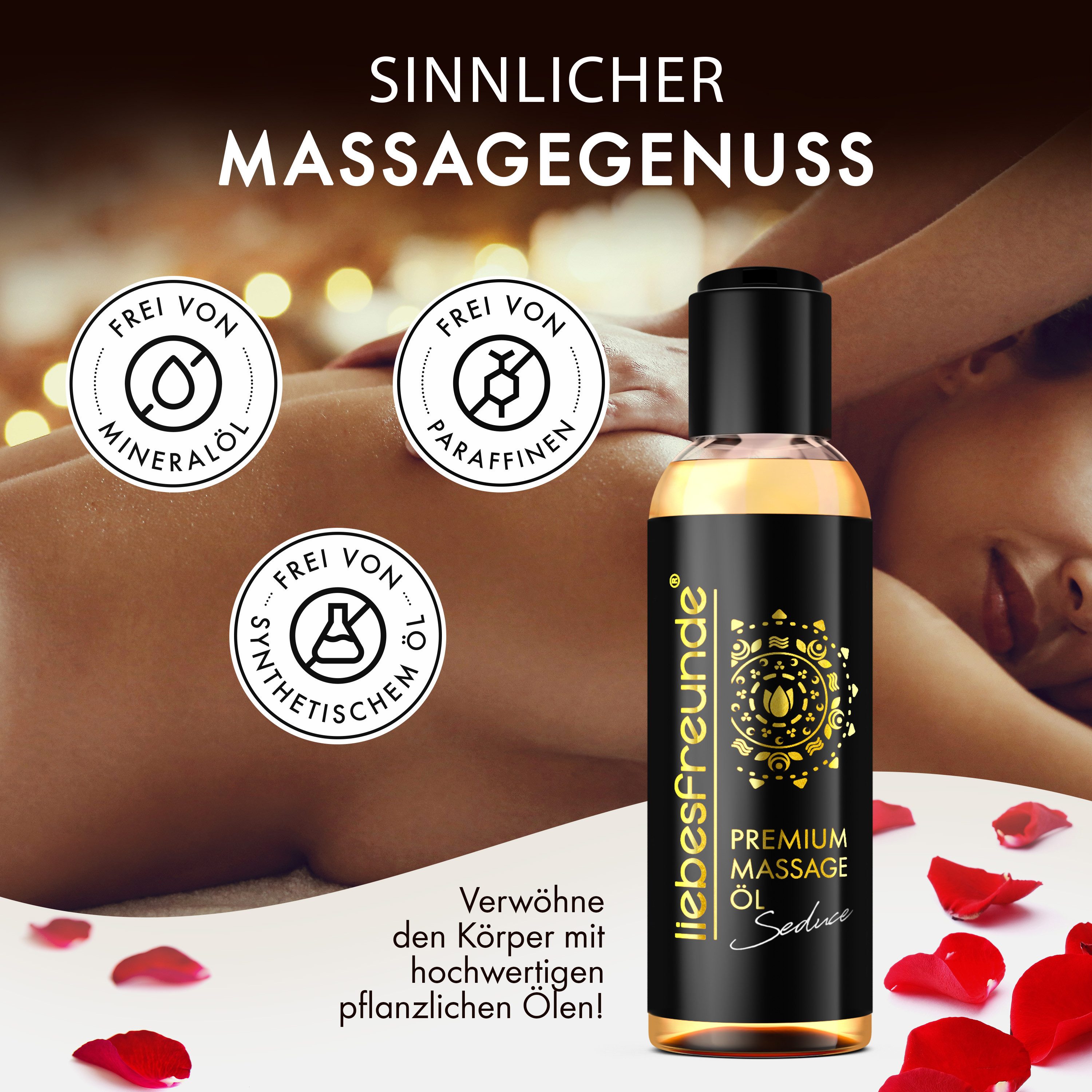 Liebesfreunde Massageöl Premium Massageöl Seduce - Sinnliches Massage Öl für Paare, 150 ml, Frei von Mineralöl