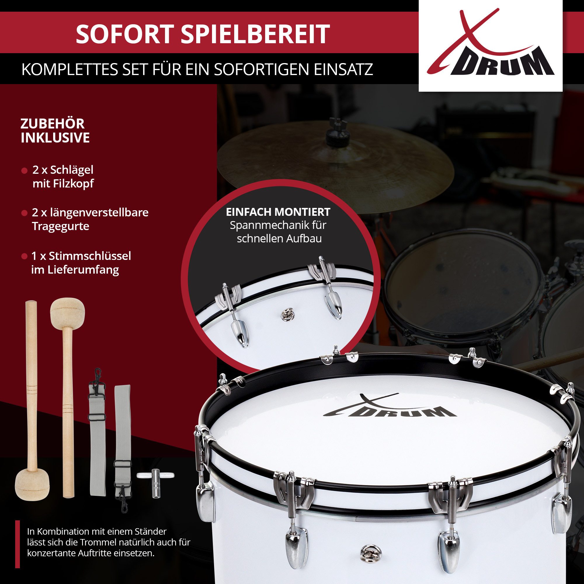XDrum Handtrommel MBD-226 Marsch Bass Trommel, Fußball Pauke 26" - inkl. Schlägel & Tragegurte