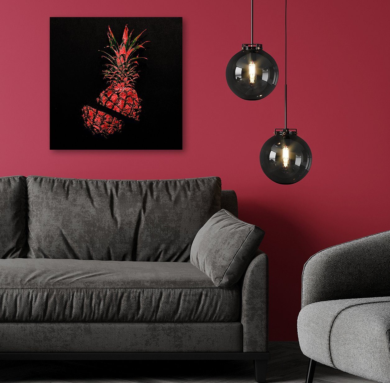 OTTO home Acrylglasbild Ananas - Acrylbilder mit Blattgold veredelt, Ananas, Obst, Obst Bilder (1 St), Rote Farbvariante, Handgearbeitet, Gerahmt, Edel