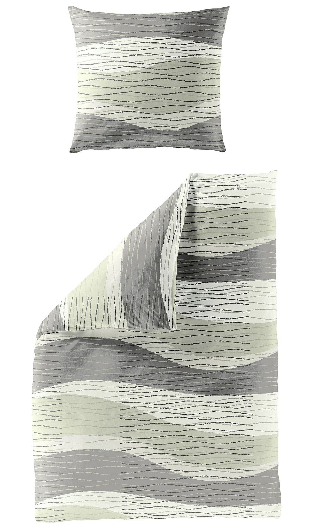 JACK Bettwäsche 135x200cm Wellen Linien Grau Grün Bierbaum, Seersucker, 2 teilig, modernes und dezentes Wellenmuster