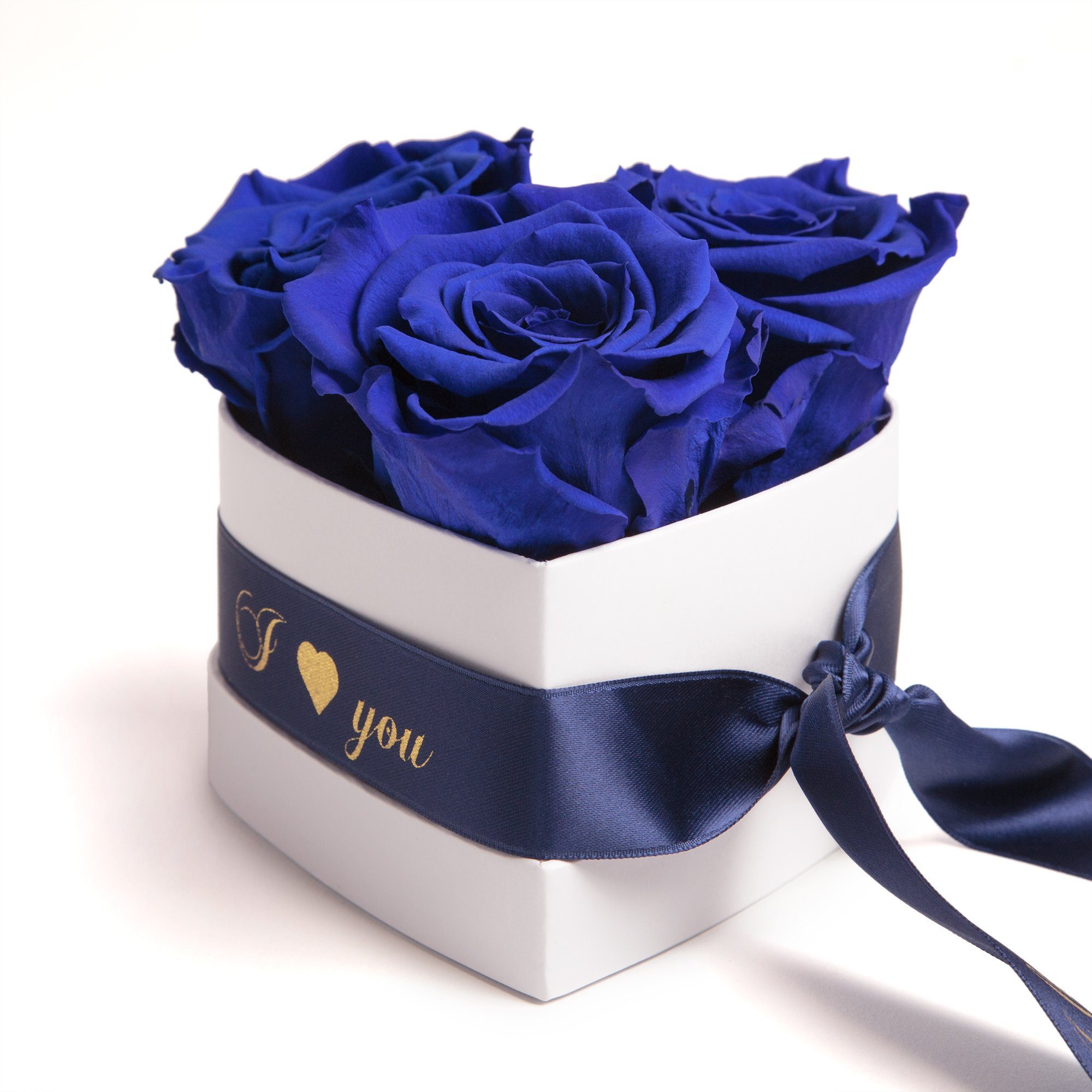 Kunstblume Rosenbox Herz 3 konservierte Infinity Rosen in Box I Love You Rose, ROSEMARIE SCHULZ Heidelberg, Höhe 8.5 cm, Valentinstag Geschenk für Sie Blau