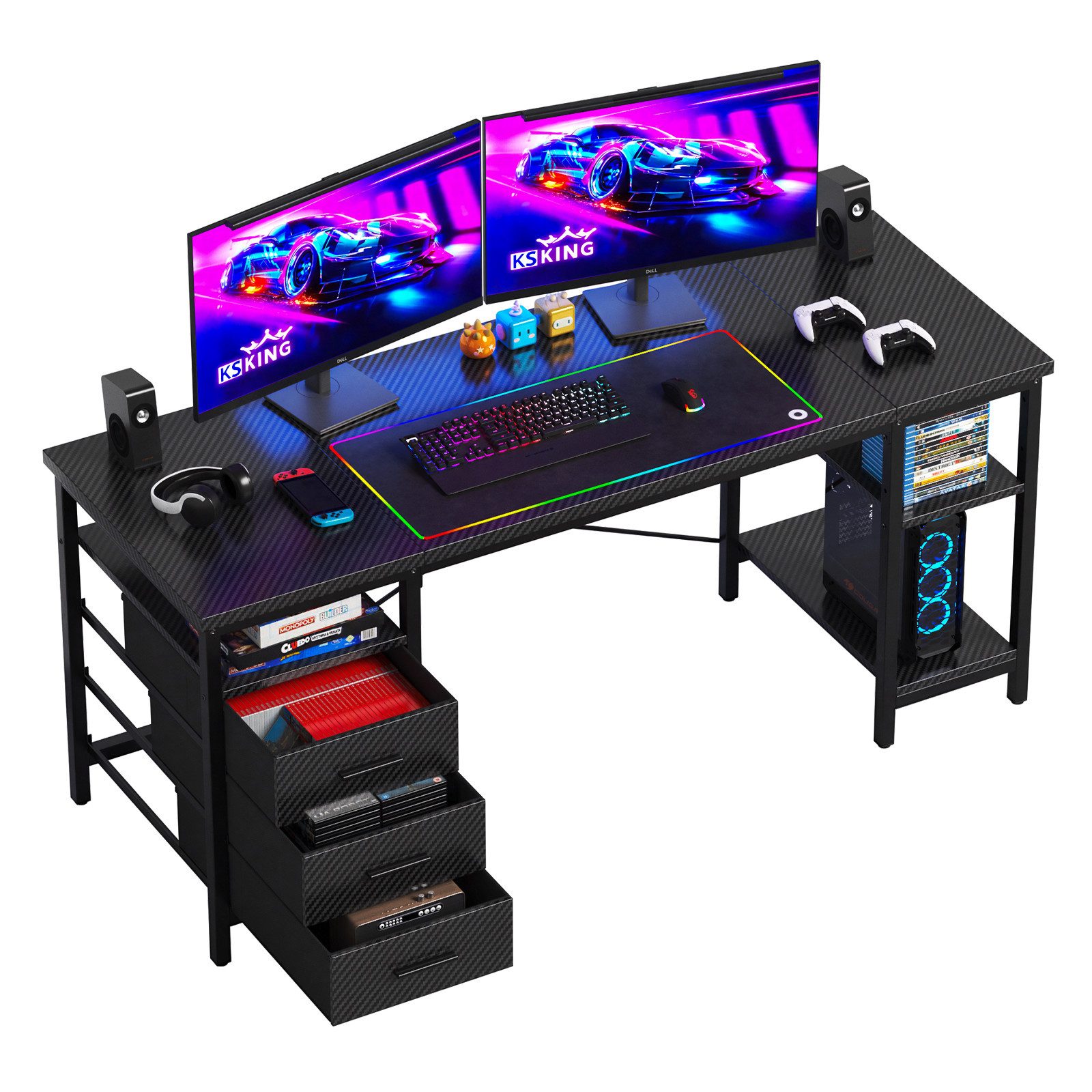 Patbrela Schreibtisch 120/140/160x60x75cm Umkehrbarer PC Tisch, Bürotisch Moderner Stil, Schreibtisch mit 3 Schubladen und 3 Justierbaren Regalen