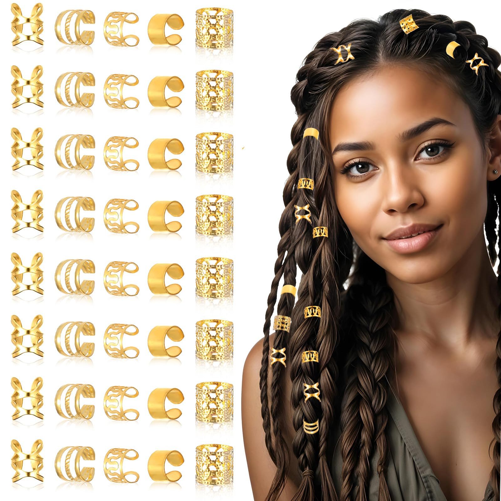 FOUORTUNATE-BEE Haarspange Dreadlock Schmuck 40 Stück goldene Haarringe für Braids Zöpfe, Verstellbare Flechtringe Set für Dreads Extensions Styling