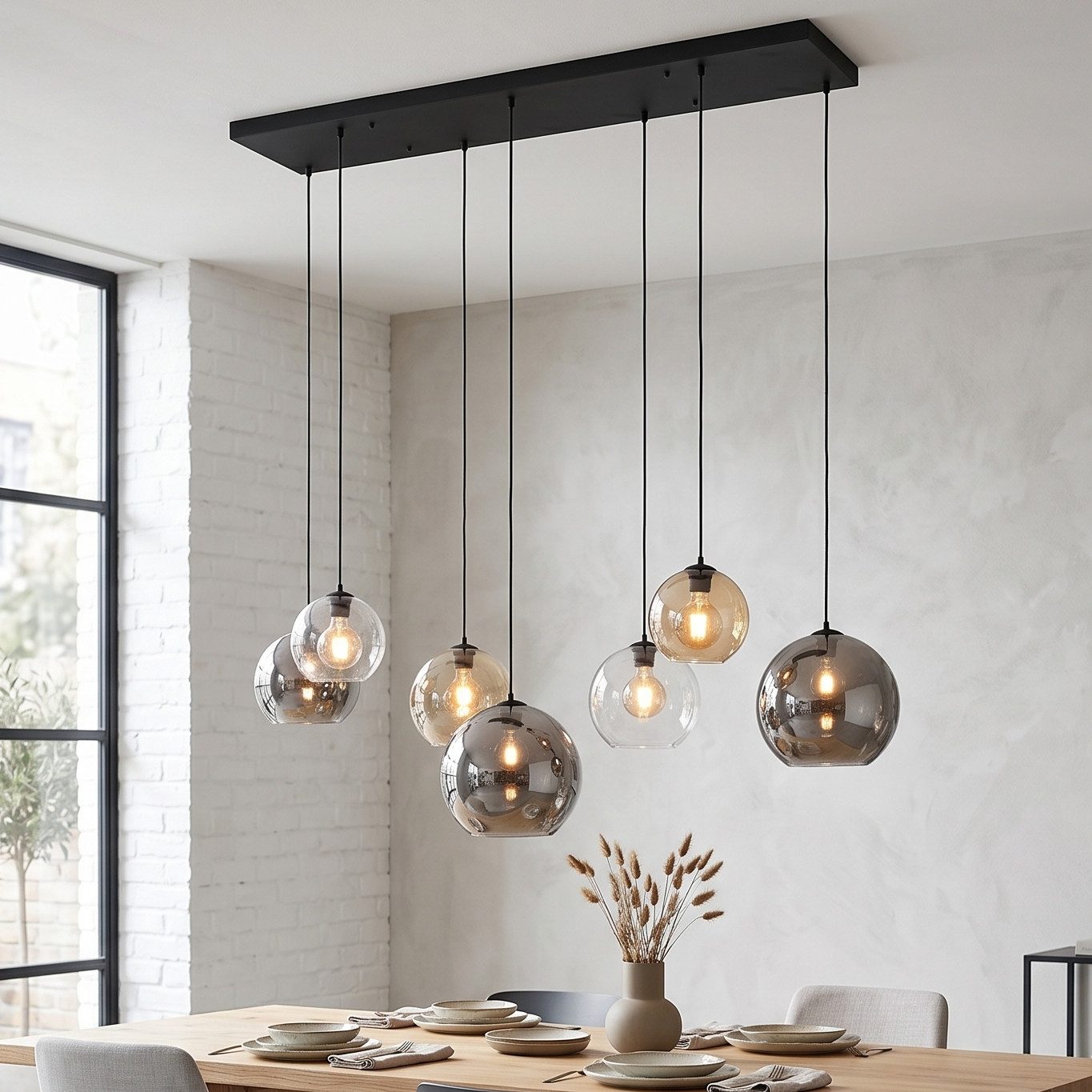 Liadomo Pendelleuchte Abel - Hängelampe, Esstisch, höhenverstellbar, Pendellampe, Wohnzimmer, ohne Leuchtmittel, elegante Glasschirme in Chrom/Bernstein/Hellgrau