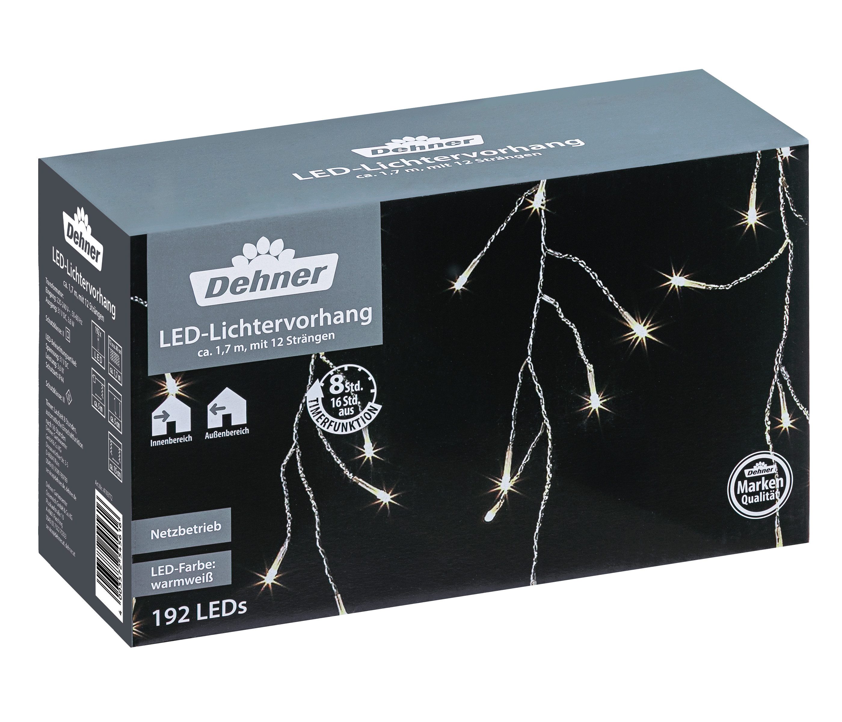 Dehner LED-Lichterkette LED Lichtervorhang, 192 LEDs, warmweiß, 165 cm, warmweißes Licht, mit 8h-Timer, für Indoor / Outdoor geeignet