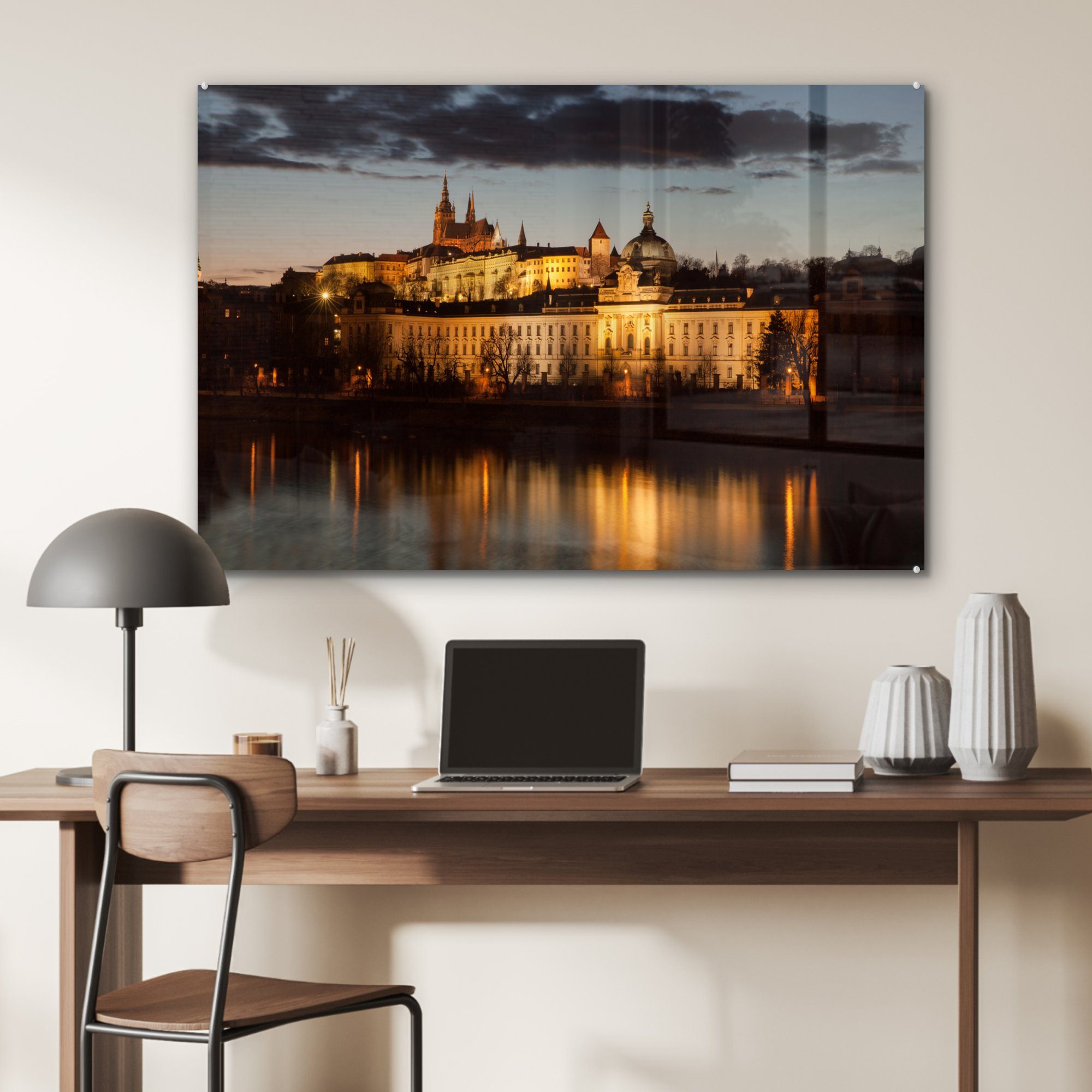 MuchoWow Acrylglasbild Prager Burg - Wasser & Schlafzimmer Abend, Wohnzimmer St), (1 Acrylglasbilder 
