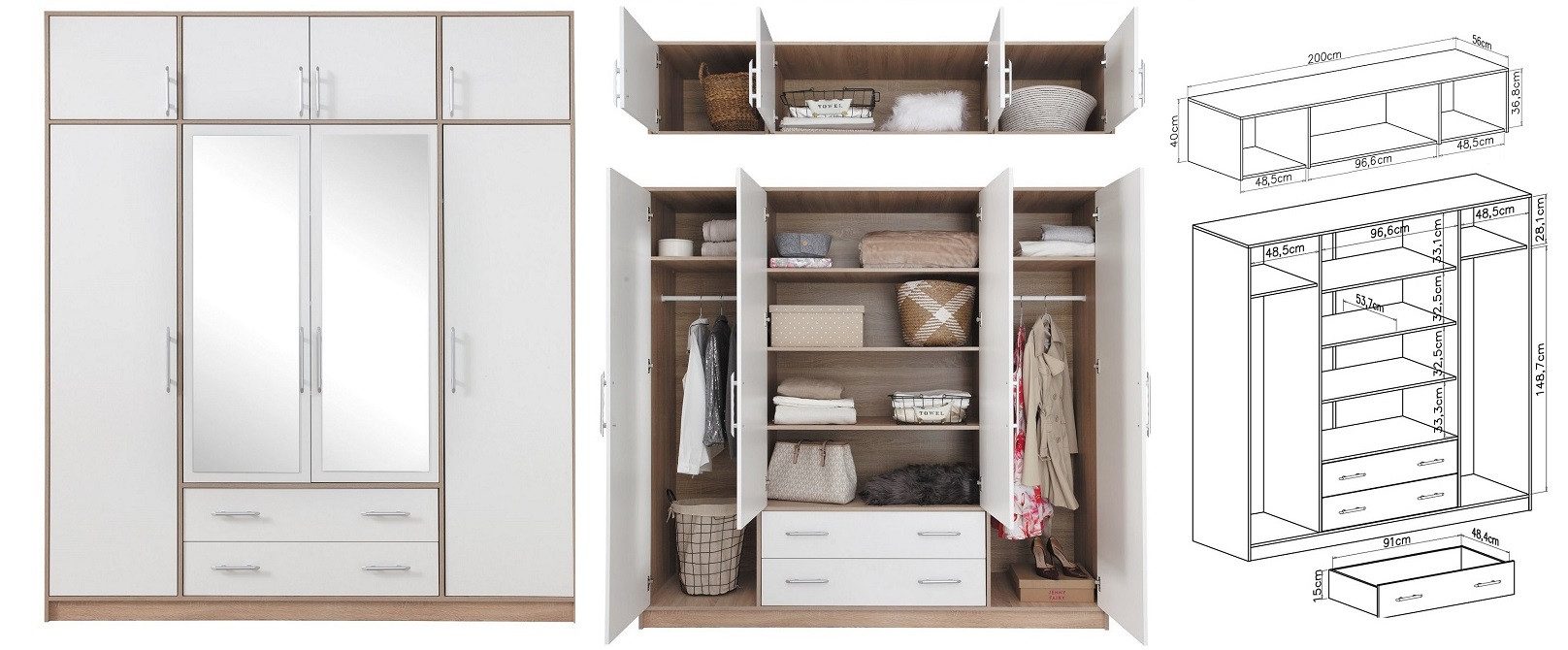 Marmex Möbel Spiegelschrank SMART 1+Spiegel/N Mehrzweckschrank Kleiderschrank 200 x 230 x 56 (2-St) Schrankaufsatz, viel Stauraum, 2 Schubladen