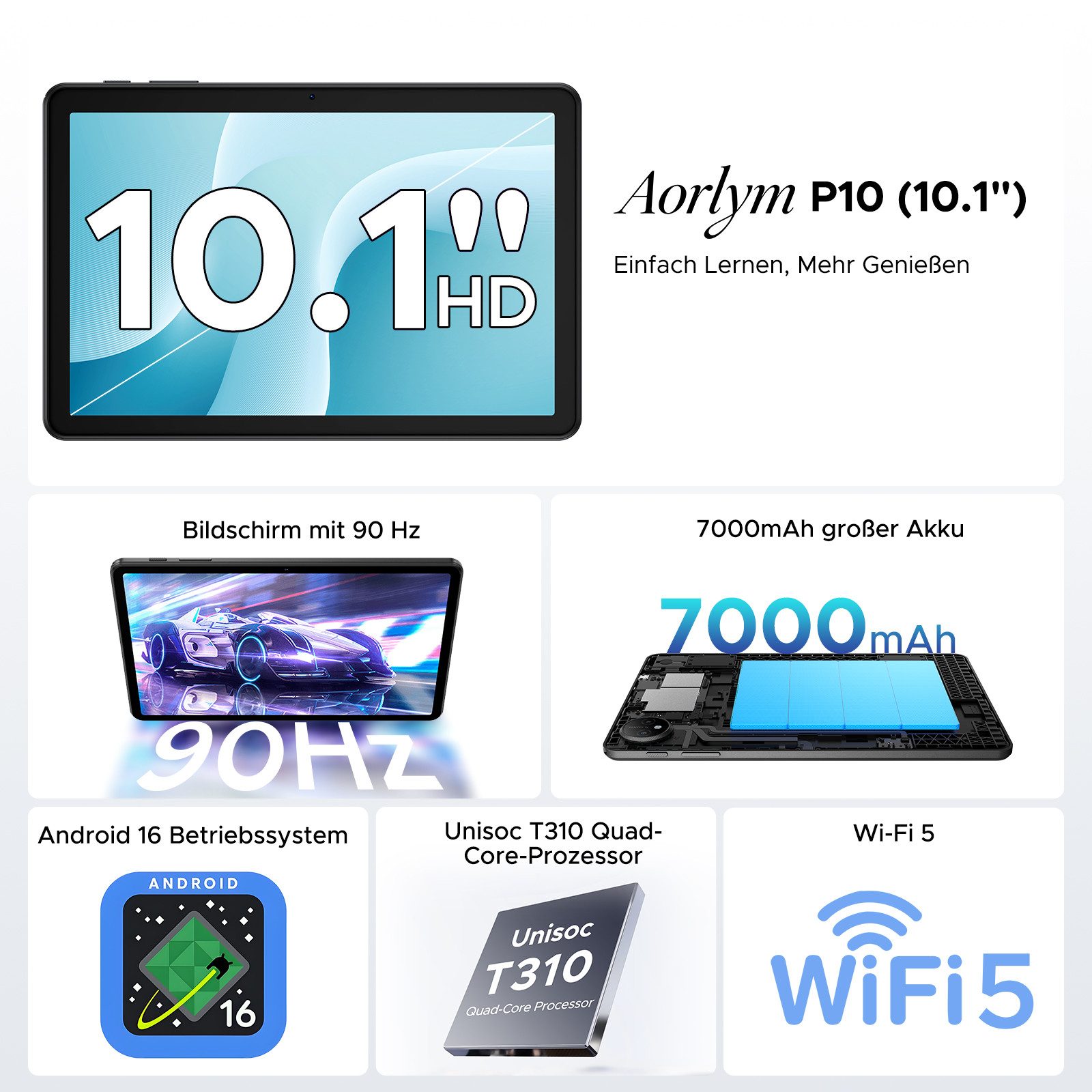 Aorlym AP10 Tablet 10,1 Zoll Android 16, 48GB RAM, 7000mAh Akku Tablet (10.1", 128 GB, Android 16, WiFi, Gemini AI, Unisoc T310, 90Hz Display, Tastatur-Set, Dual Speaker)