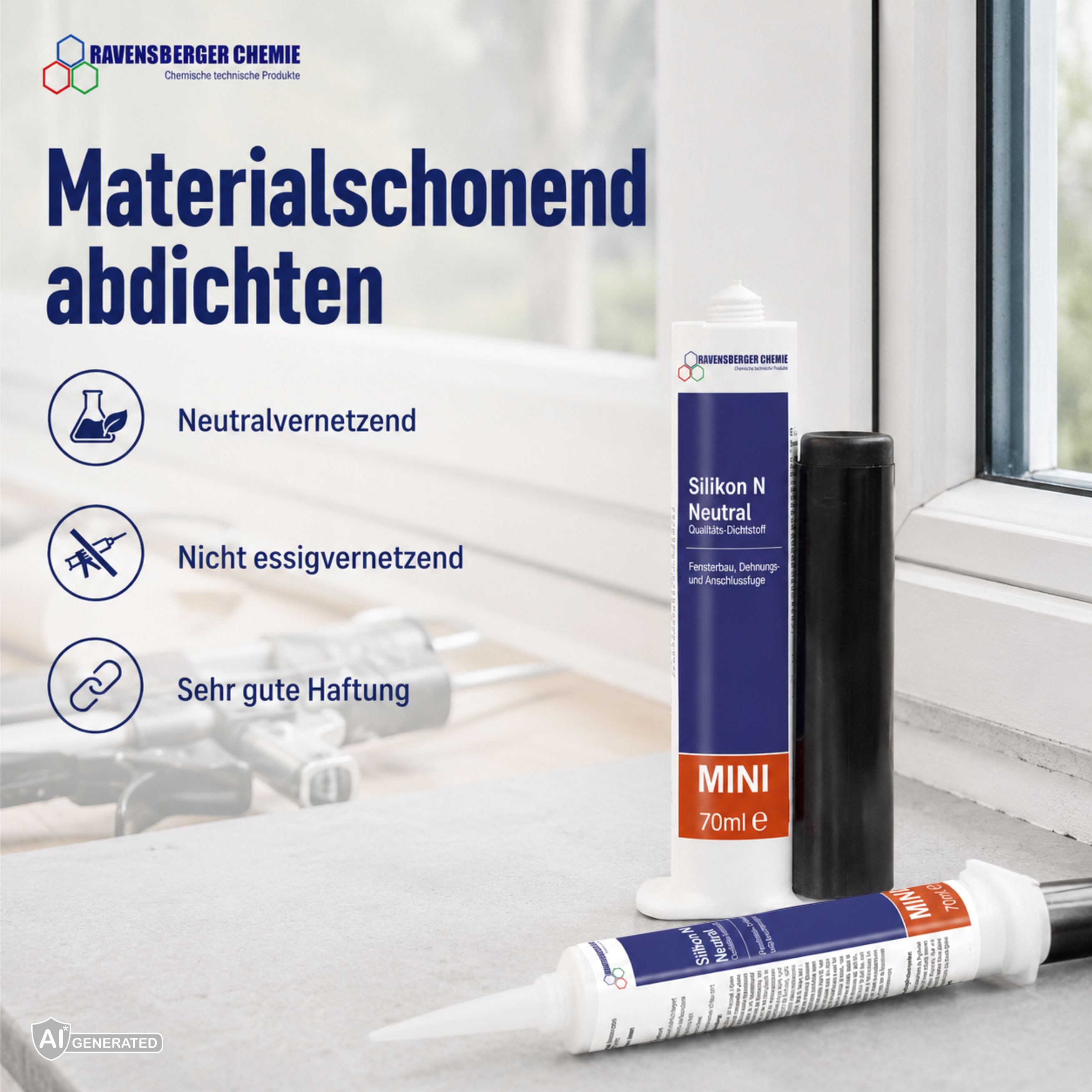 Ravensberger Chemie Silikon N - 70 ml Minikartusche - neutralvernetzend, Transparenter Dichtstoff, für Fenster, Fassaden & Anschlussfugen, wetterfest