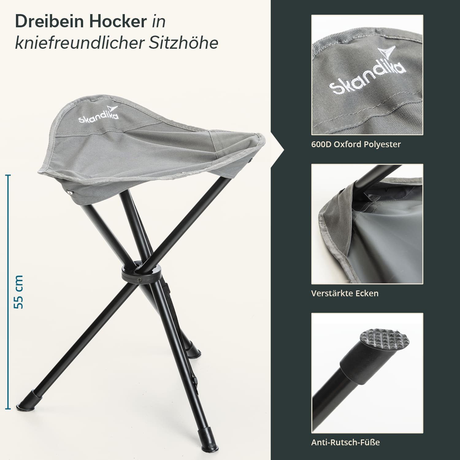 Skandika Campingstuhl Dreibeinhocker Tomperi, Klappbarer Campinghocker, bis 100 kg (Bindeband mit Klett und Trageriemen mit Karabinerhaken, fest montiert), leicht, Stahlgestänge, Anti-Rutsch-Füße, Tragetasche mit Griff