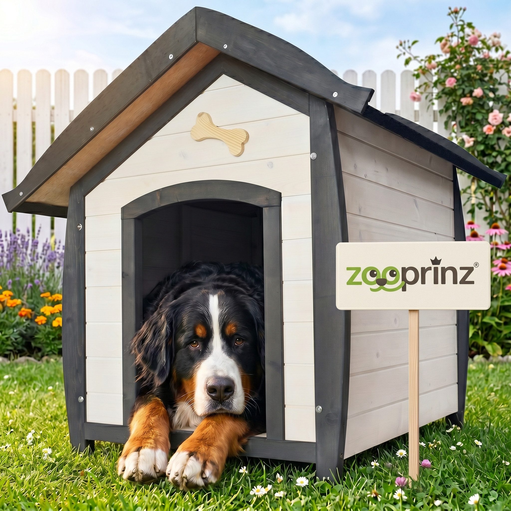 Zooprinz Hundehütte Bella mit dekorativem Hundeknochen, Bitumendach, Lasiertes Kiefernholz, für große Hunde