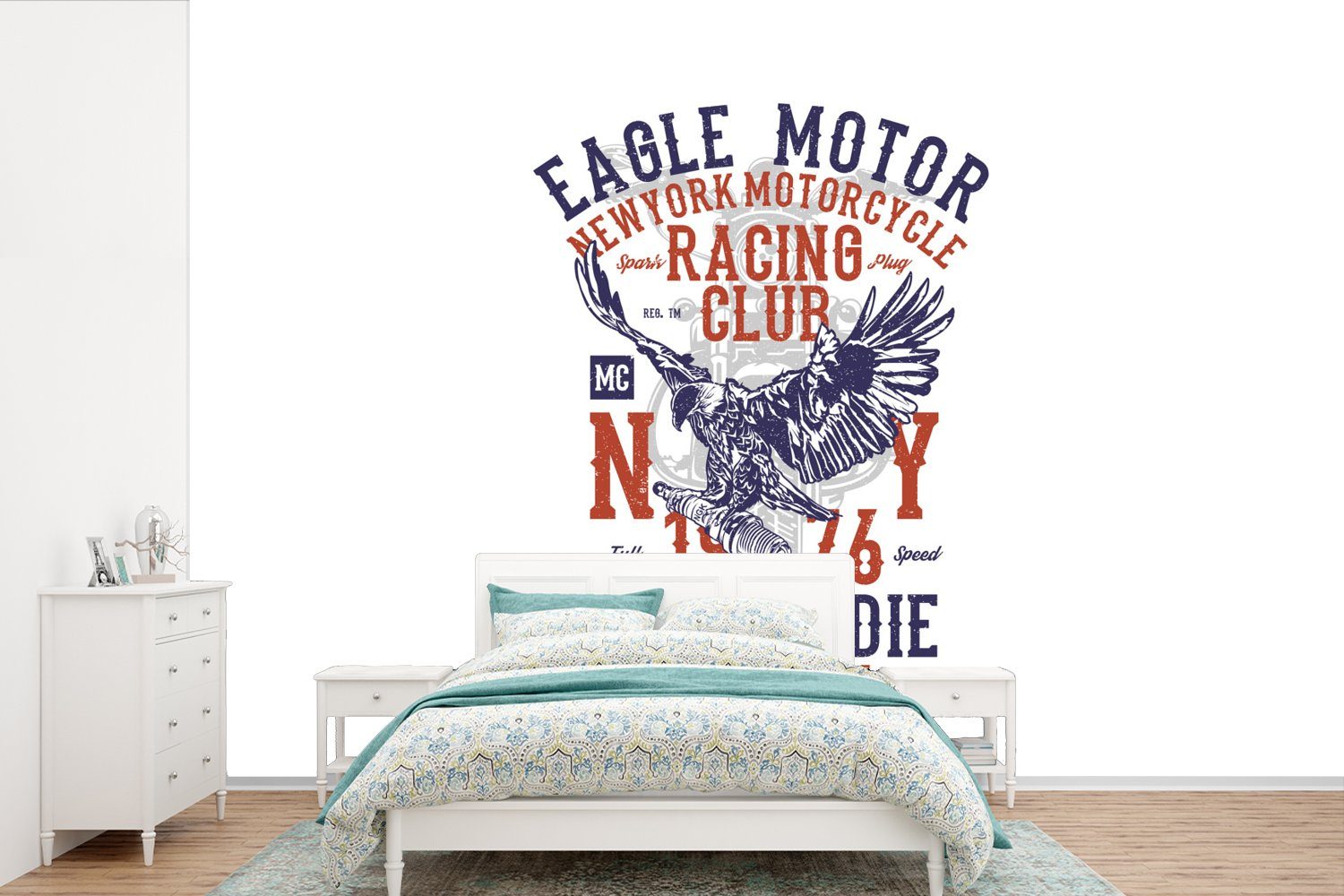 MuchoWow Fototapete Mancave - Motor - Vogel - Adler - Vintage, Matt, bedruckt, (6 St), Wallpaper für Wohnzimmer, Schlafzimmer, Kinderzimmer, Vinyl Tapete