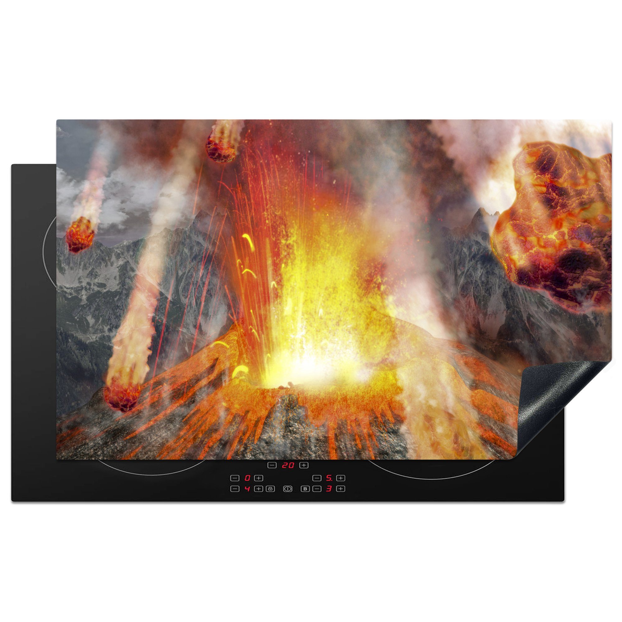 MuchoWow Herdblende-/Abdeckplatte Eine Illustration eines ausbrechenden Vulkans, Vinyl, (1 tlg), 83x51 cm, Ceranfeldabdeckung, Arbeitsplatte für küche