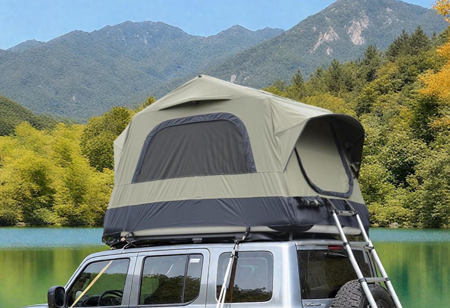 LVHOM aufblasbares Zelt Dachzelt, 220x145x133cm, dreieckiges Campingzelt, windbeständig, Personen: 3 (Zubehöre mit 1 Handpumpe, 1 Tragetasche, 10 Heringe, 2 Verstärkungsleinen, Bodenplatte und ausziehbarer Leiter, UPF50+/wasserdicht/winddicht/5 Min. aufgebaut), geeignet für Jeep, SUV