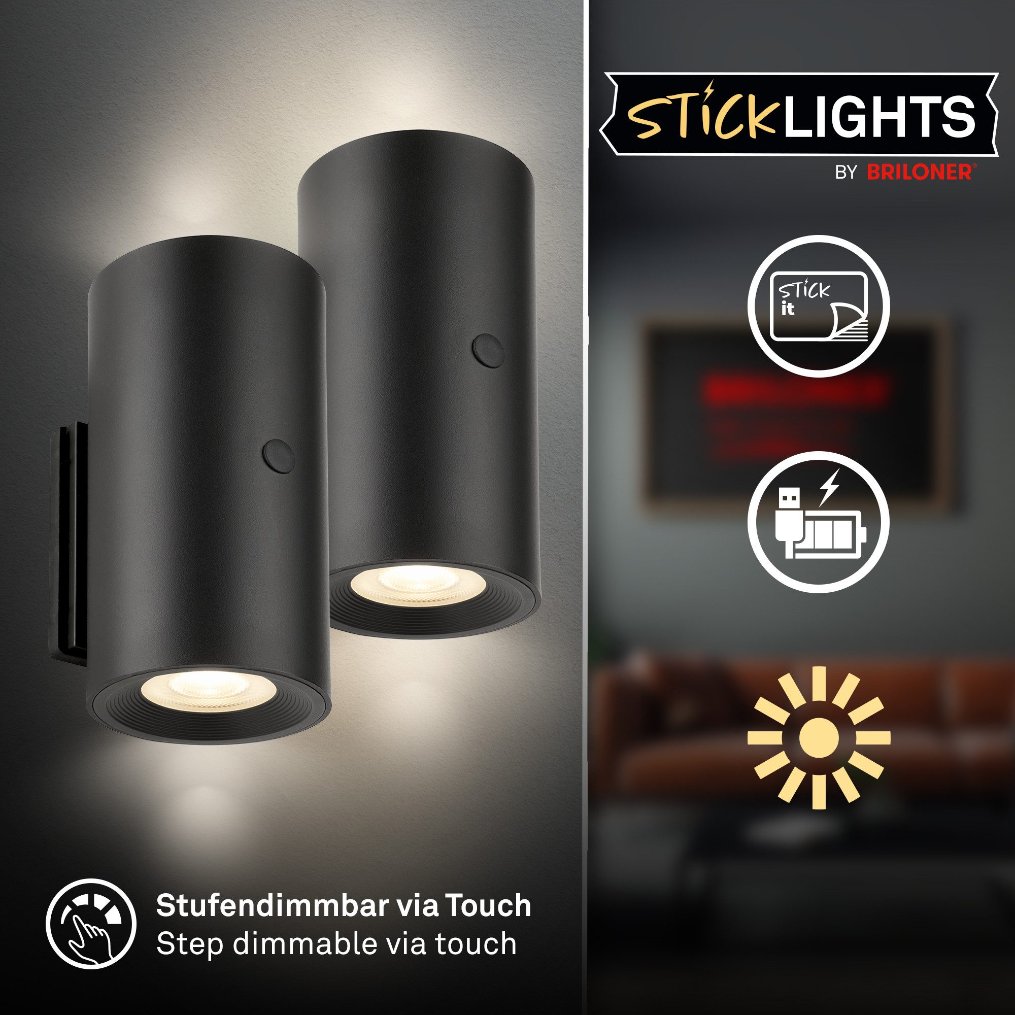 Briloner Leuchten LED Wandleuchte Dimmbar Touchfunktion Kabellos Warmweiß, 2 Stück, LED fest integriert