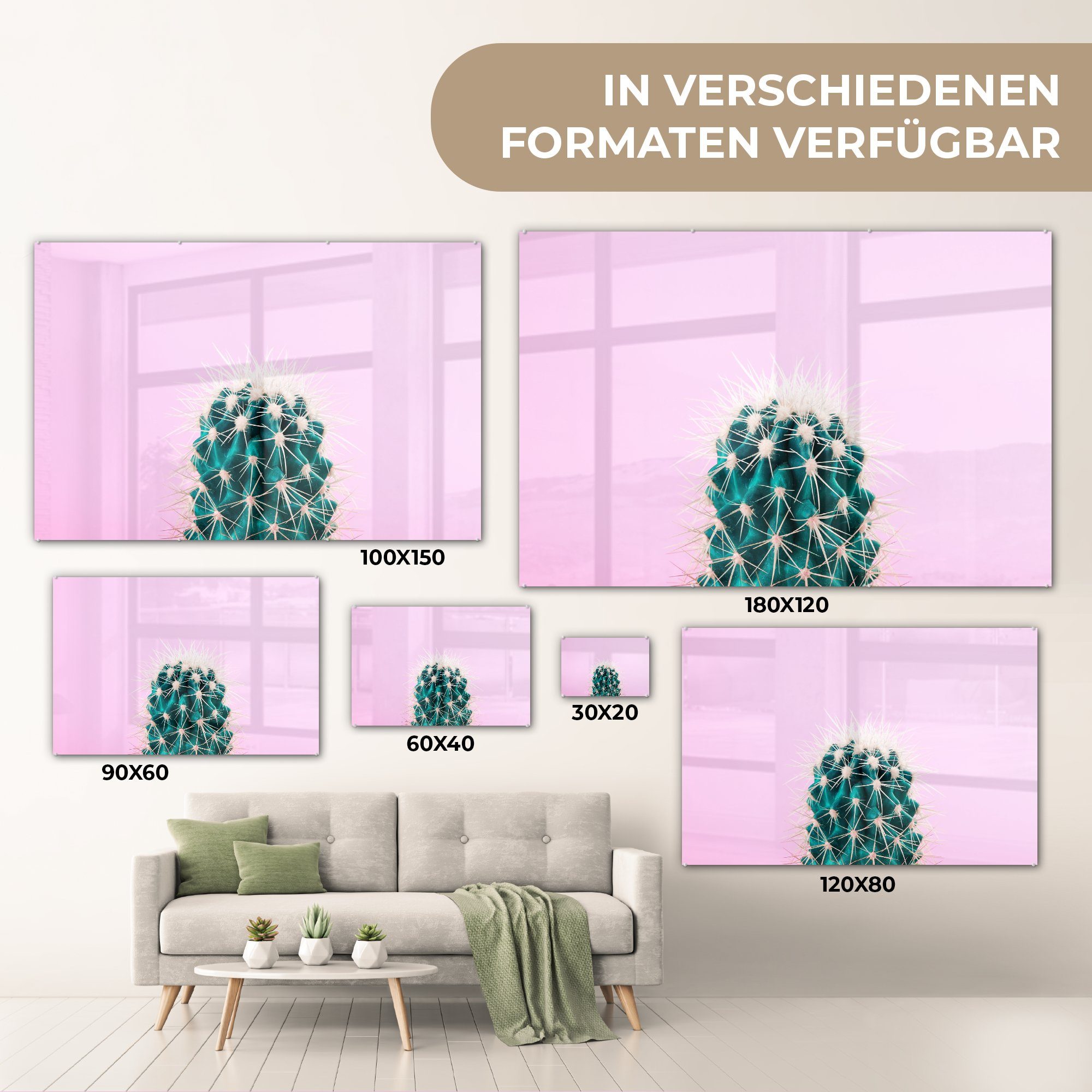 & rosa St), Acrylglasbild MuchoWow (1 Hintergrund, Schlafzimmer Kaktus Grüner auf Wohnzimmer Acrylglasbilder