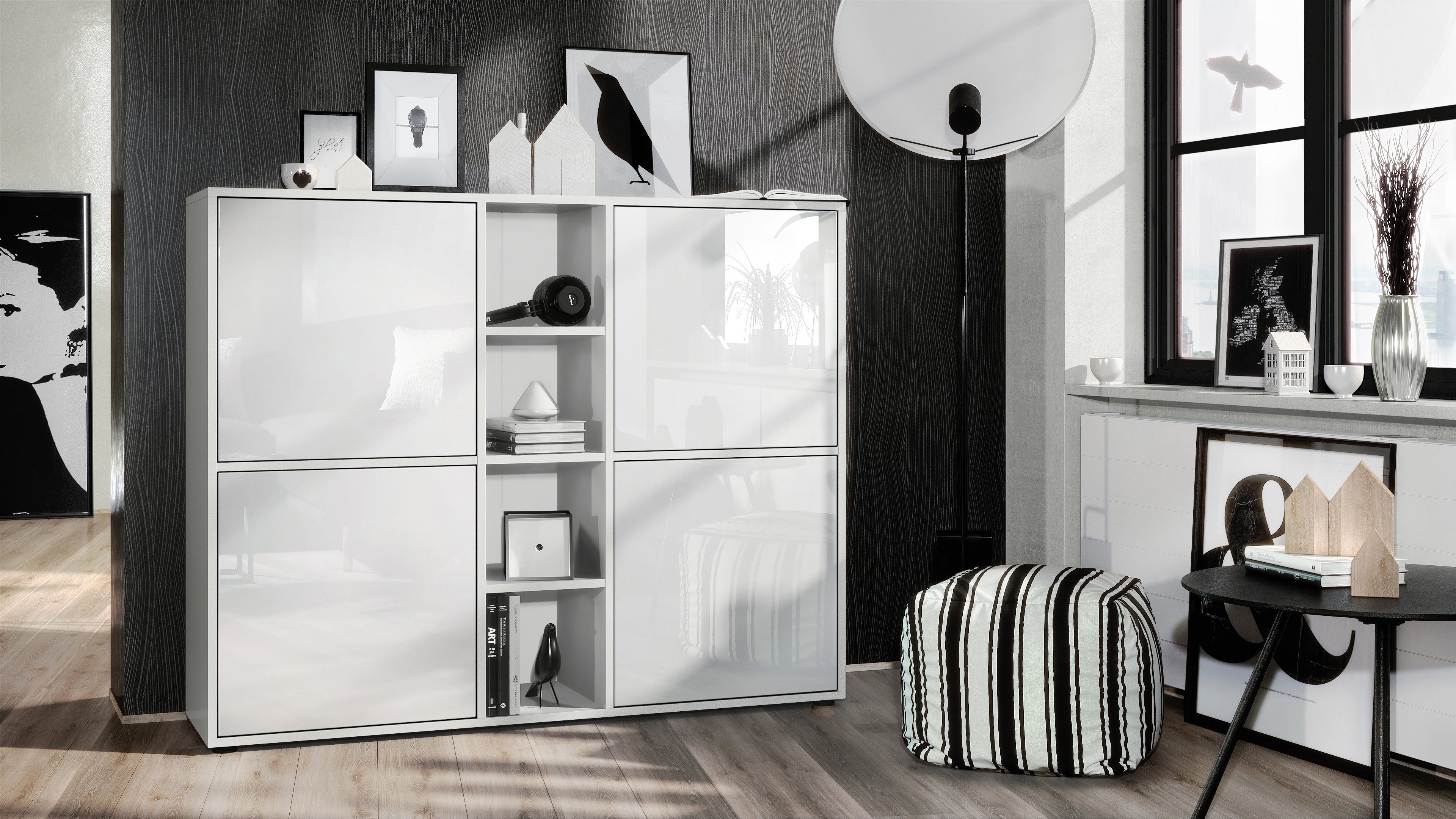 Vladon Highboard Cuba V3 (Highboard, Schrank Anrichte Cuba V3 mit 12 Fächern), Korpus in Weiß matt / Fronten in Weiß Hochglanz (130,5x105,5x35,5 cm)