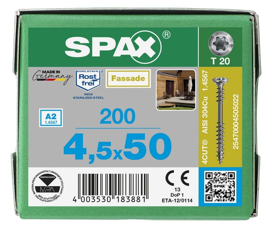 SPAX (Edelstahl mm 4,5x50 A2, Fassadenschraube, St), Spanplattenschraube 200