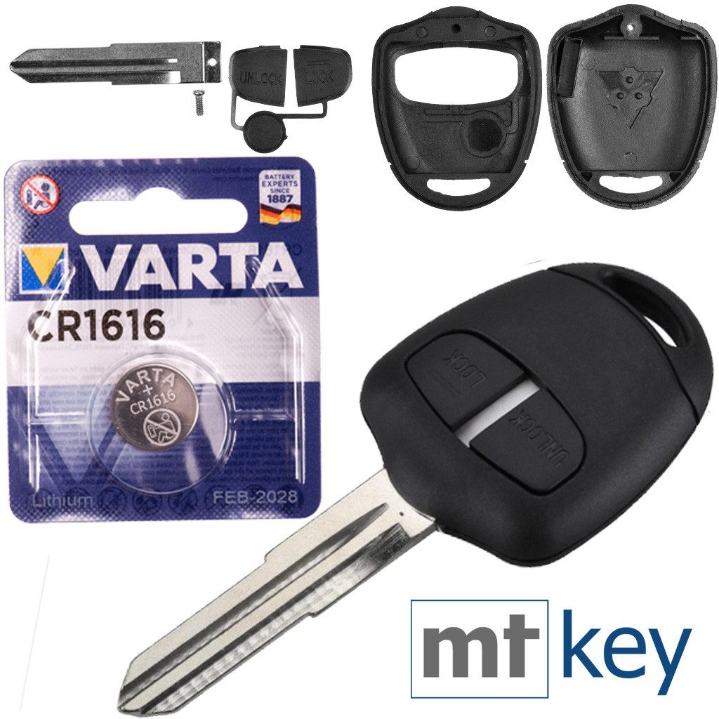 mt-key Auto Schlüssel Ersatz Gehäuse 2 Tasten + MIT8 Rohling + VARTA CR1616 Knopfzelle, CR1616 (3 V), für Mitsubishi Grandis ASX Space Star Funk Fernbedienung