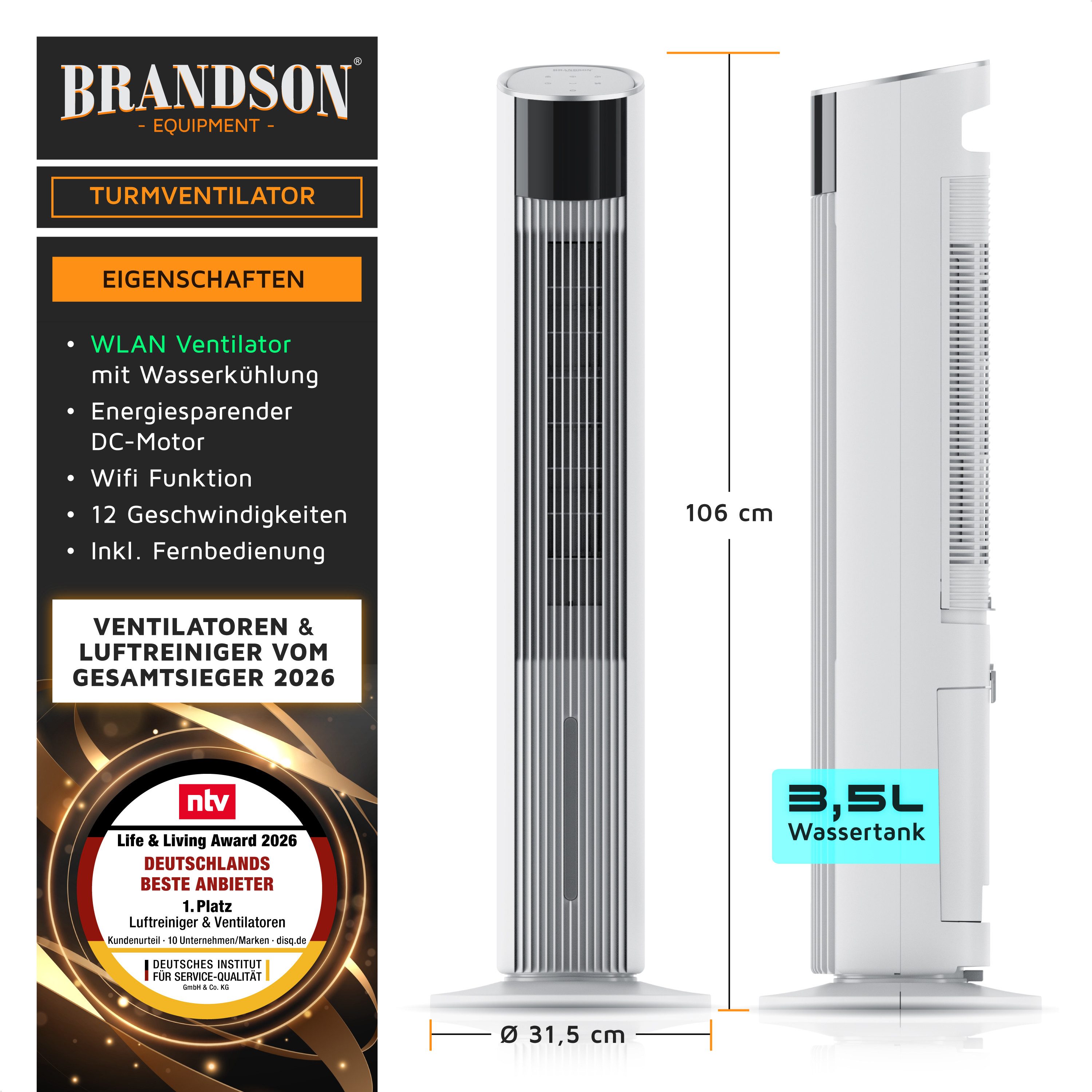 Brandson Ventilatorkombigerät mobiler Luftkühler mit Wasserkühlung, 60W, 3,5L Wassertank, Klimagerät, NTV Sieger 2026, WIFI Turmventilator, Verdunstungskühler, Lüfter