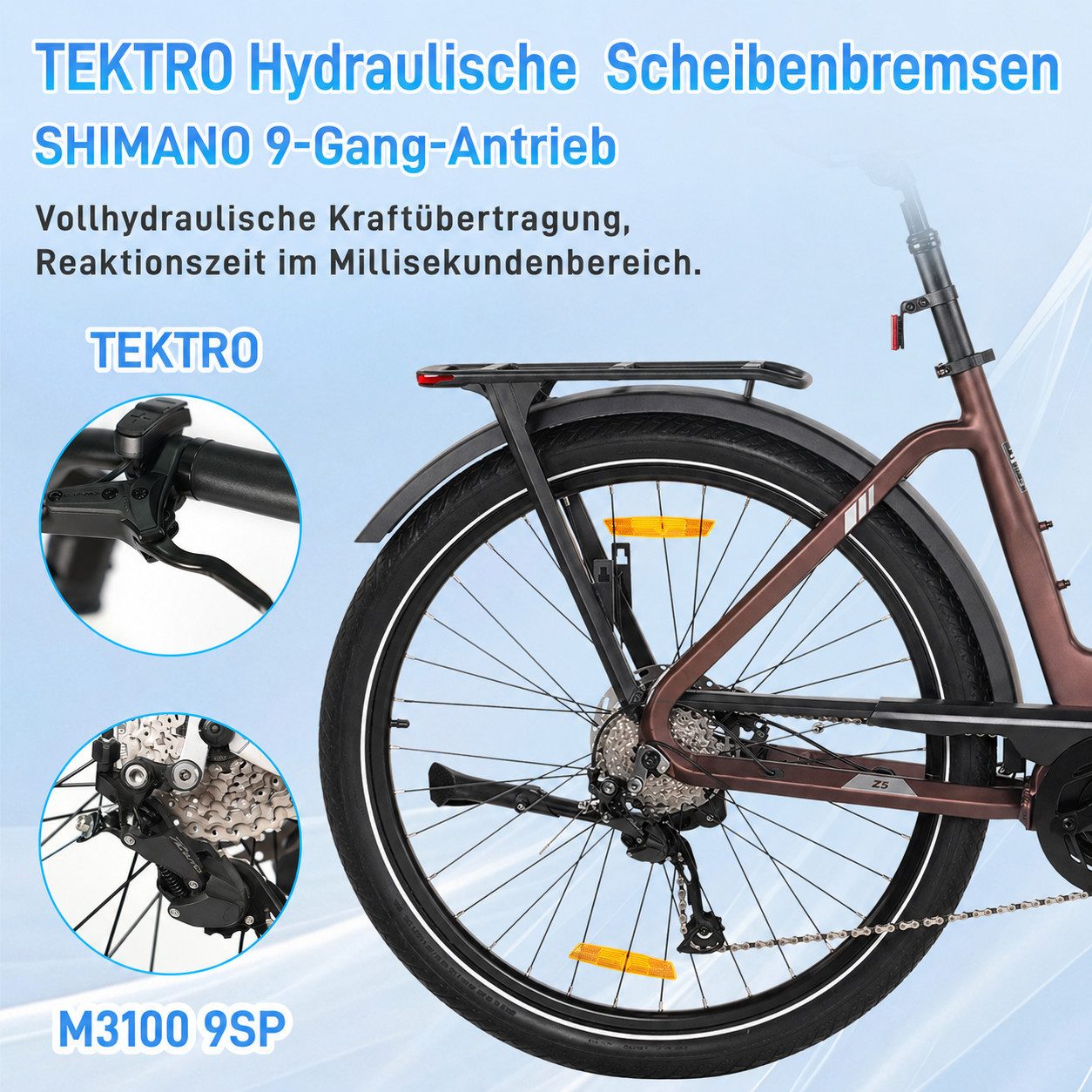 TTGO E-Bike Cityrad 28 Zoll, SUV, Mittelmotor, max. 130km, Z5, Federsattelstütze, 9 Gang, Kettenschaltung, Mittelmotor, 648 Wh, 5 Stufen, Drehmomentsensor, Elek – Bild 5 von 5
