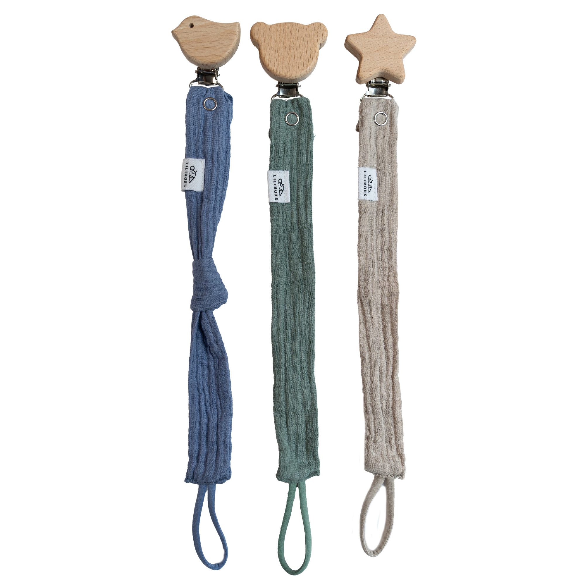 lilimaus Schnullerbefestigung Schnullerkette aus Musselin & Holz - handgemacht, (3-tlg), mit Holzclip & sicherer Länge - schadstoffgeprüfte Musselin-Baumwolle