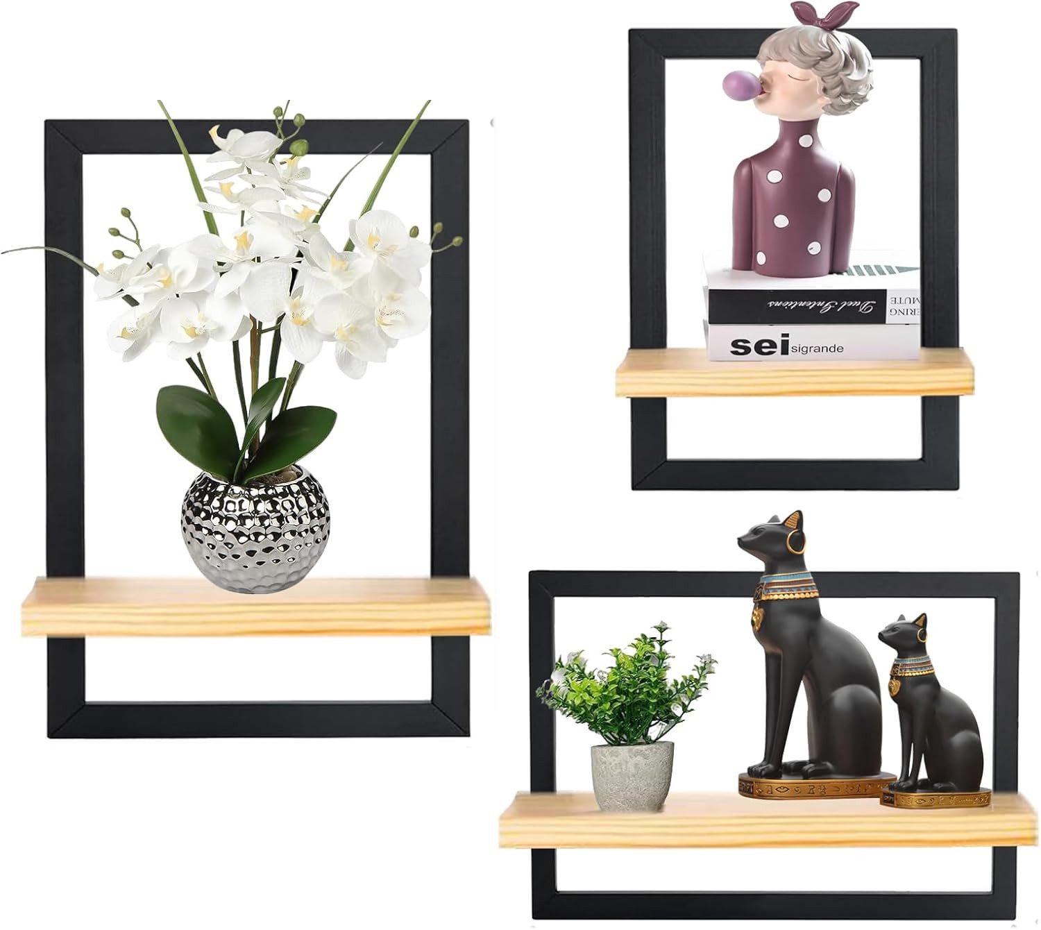 Holz Lichter Wandregal 3‑tlg. Floating Wandregal – Holz & Metall, modern geom. Design, 3-tlg., Schweberegal aus Holz+Metall – platzsparend, vielseitig, langlebig