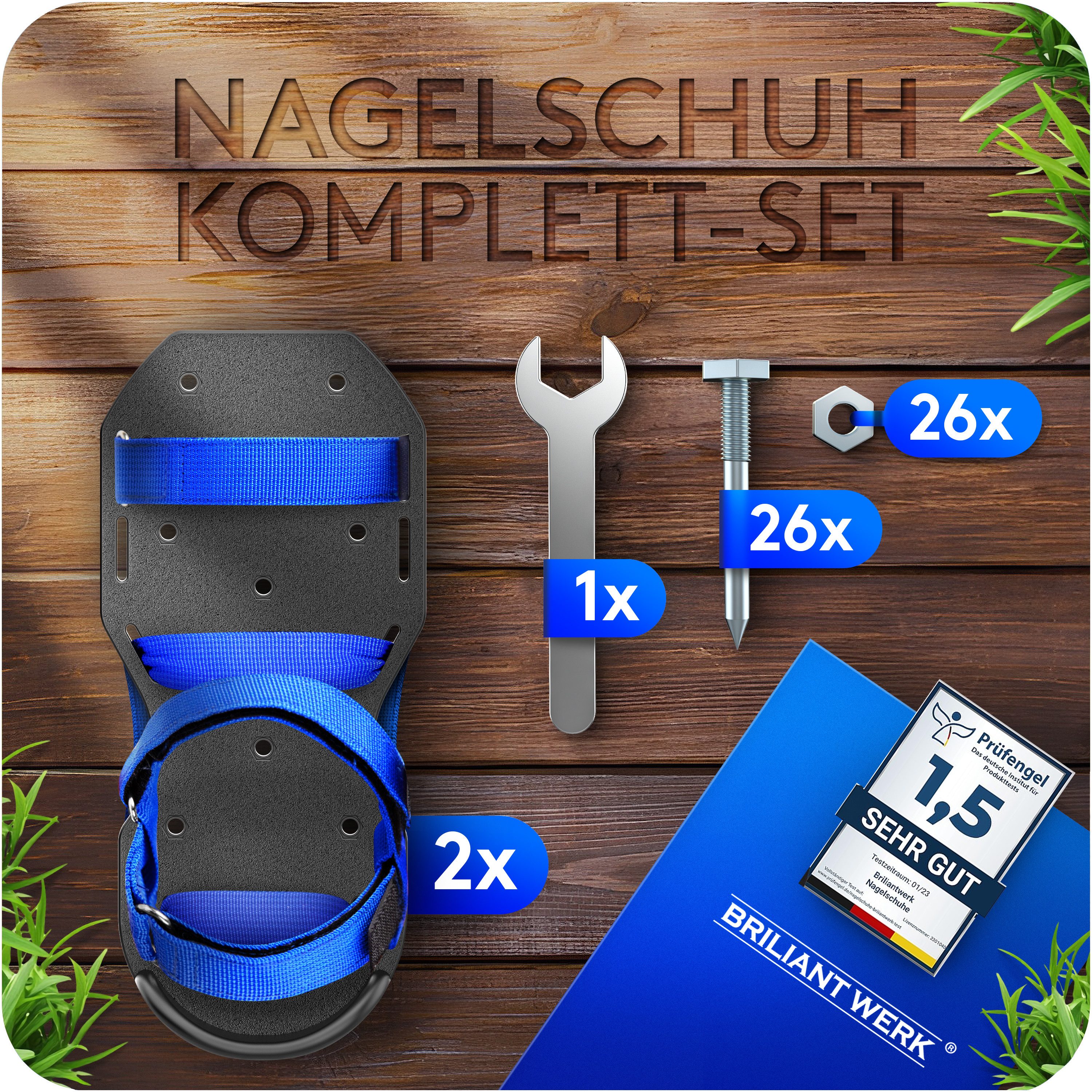 Briliantwerk Rasenlüfter - Nagelschuhe mit Klettverschluss -, - Zum Rasen belüften oder als Estrichschuhe - 55mm Nagellängen