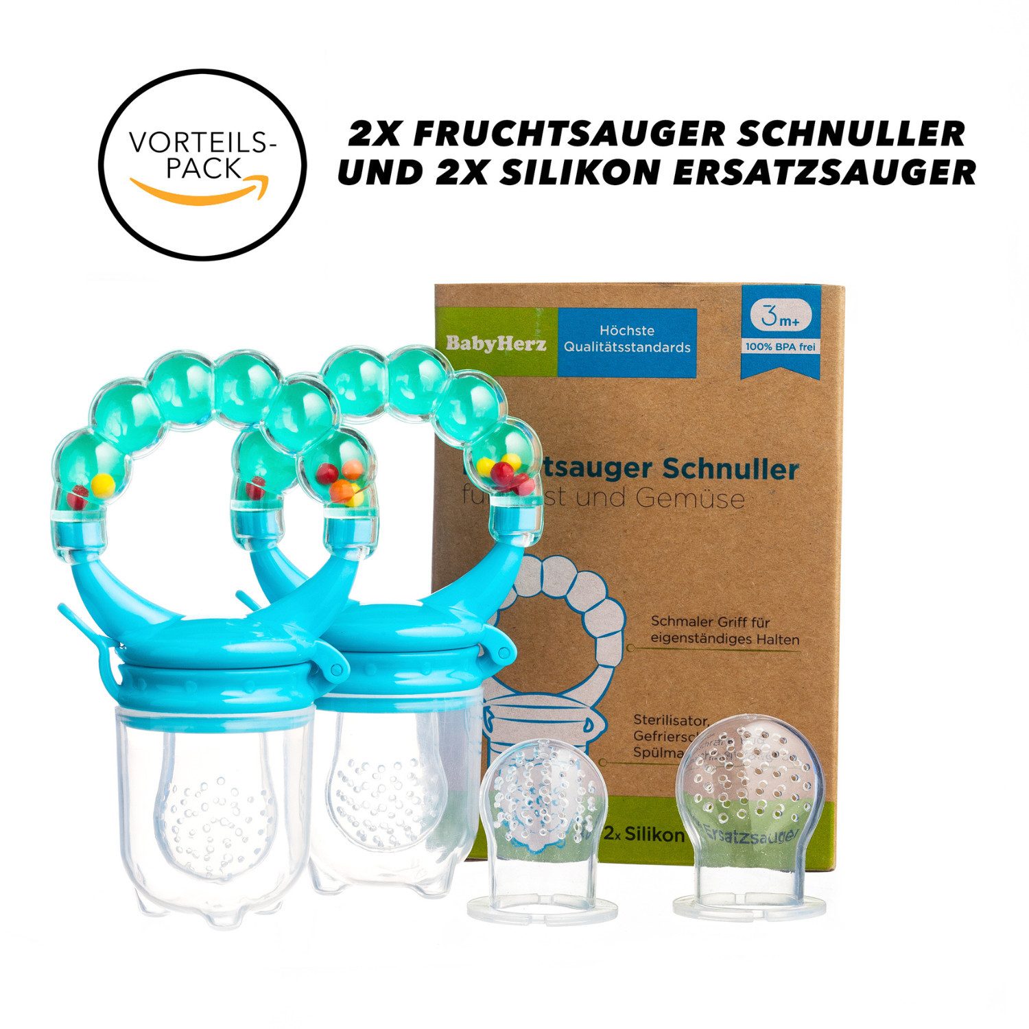 BabyHerz Schnuller Baby Fruchtsauger Schnuller für Obst und Gemüse - 2x Rasselschnuller, Zwei Fruchtsauger + Ersatz – spielerisch, sicher & BPA-frei genießen