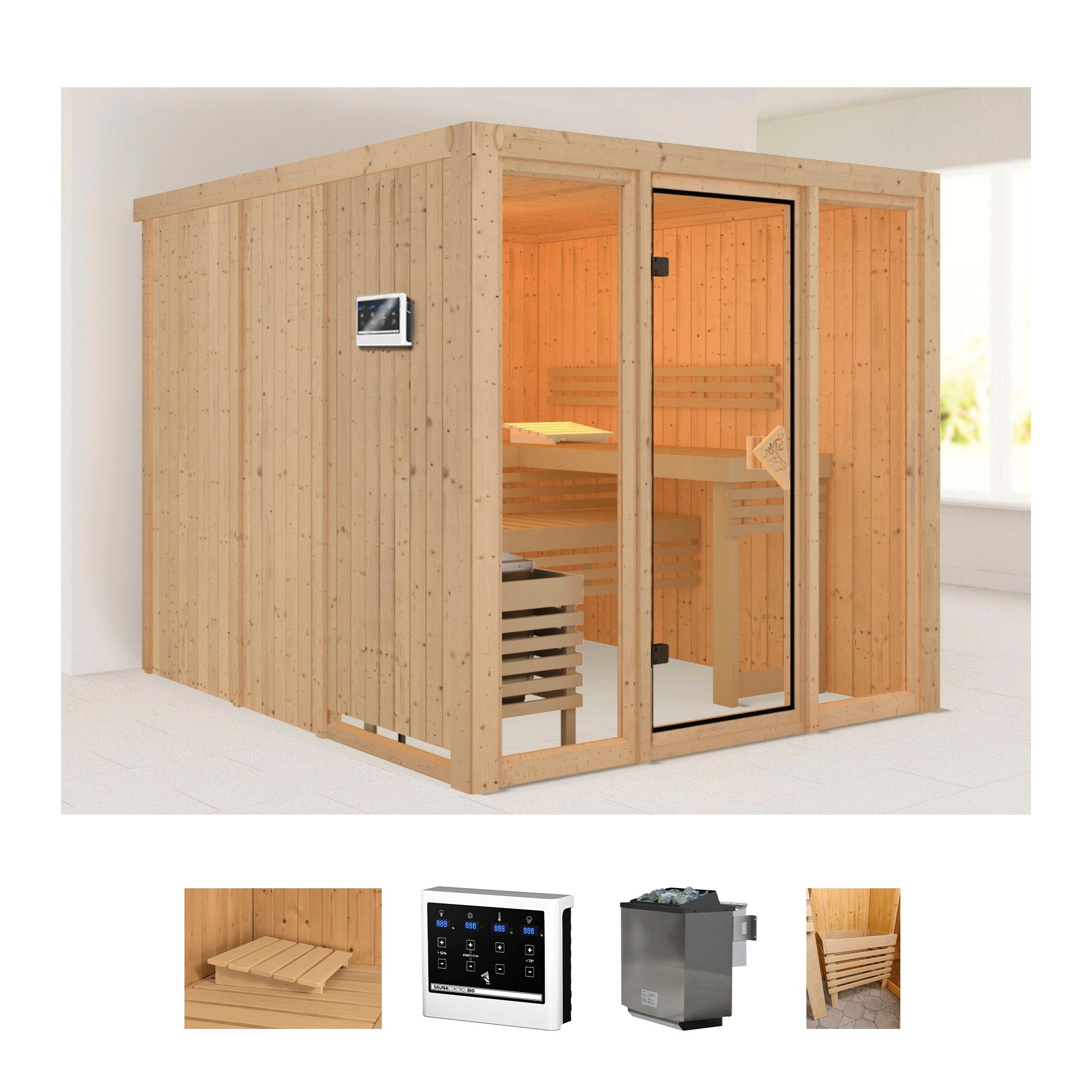 welltime Sauna Artja, BxTxH: 216 x 234 x 198 cm, 68 mm, (Set) Ofen 9 kW Bio externe Strg easy