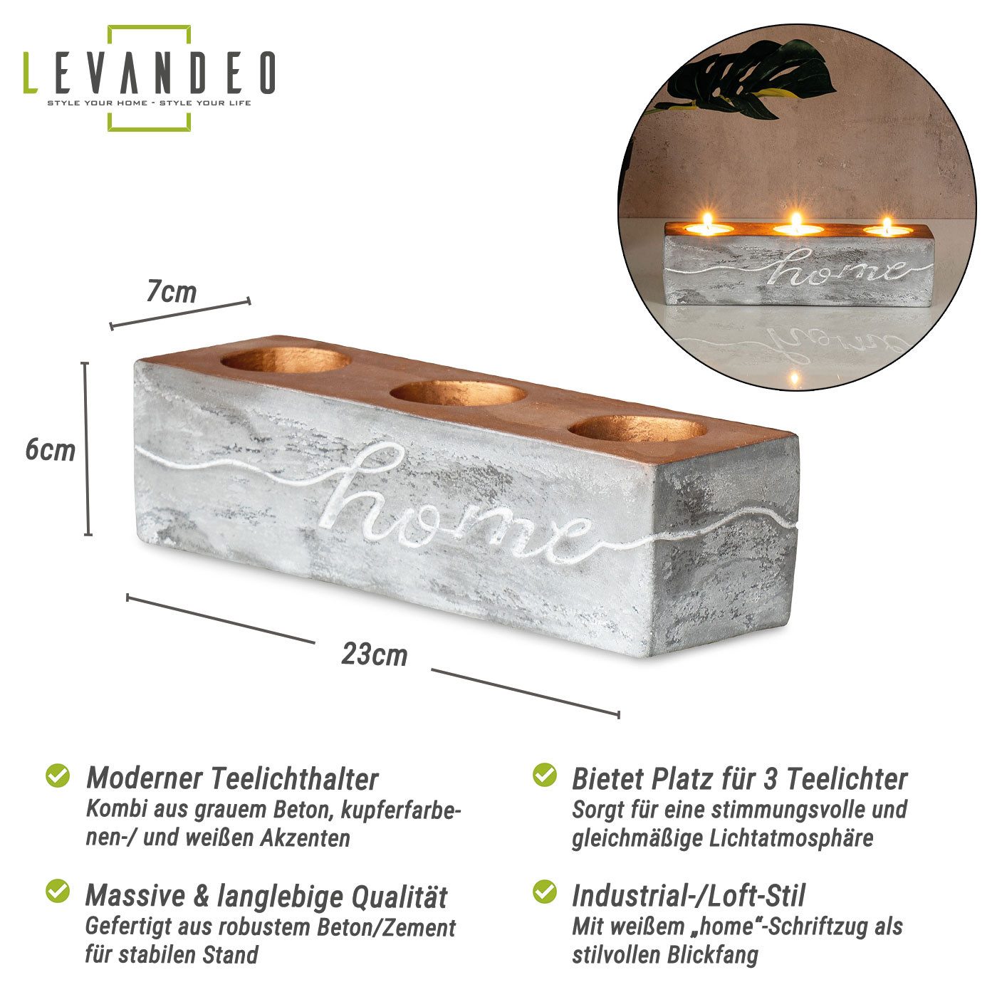 Levandeo® Teelichthalter, Teelichthalter Beton Grau Kupfer Home Tischdeko Kerzenhalter