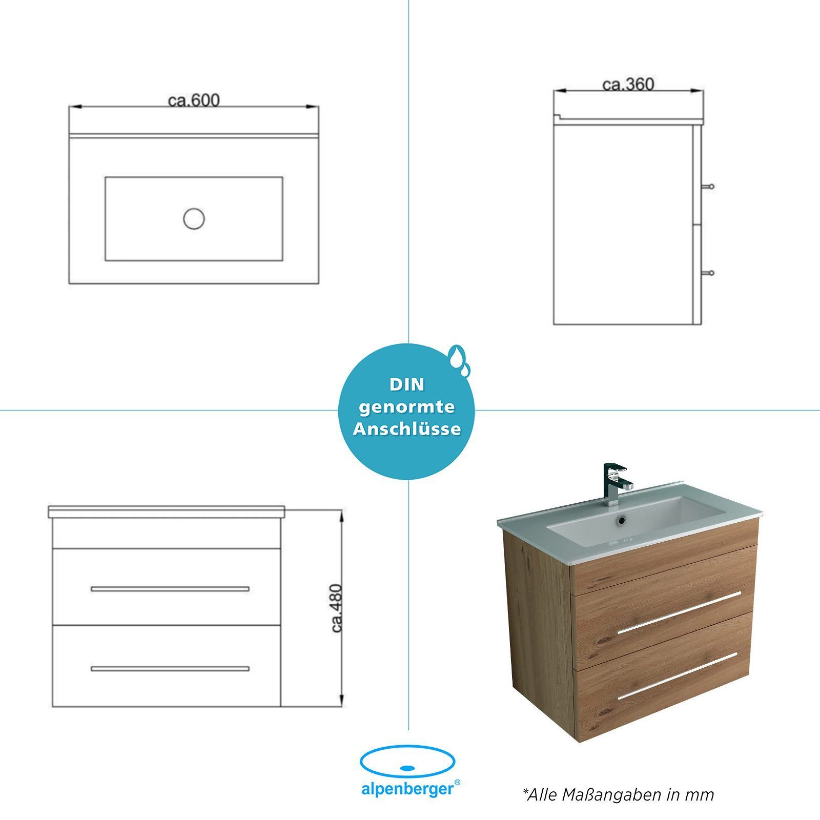 Alpenberger bathroom set washbasin with vanity unit - vanity unit 60 cm wide, (Complete set pre-assembled 60 cm wide, 2-piece, hand basin with bathroom cabinet), hygienic nano-coating, soft-close drawers