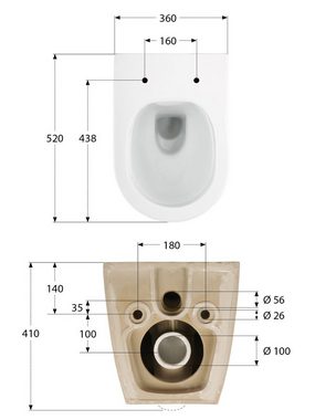 aquaSu Tiefspül-WC, Wandhängend, Abgang Waagerecht, Erhöhtes Wand WC +5 cm, spülrandlos, WC-Sitz Absenkautomatik, 048774