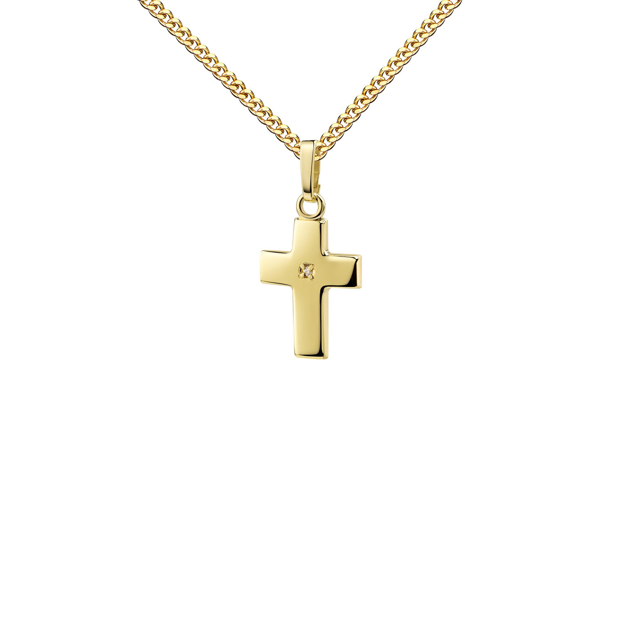 JEVELION Kreuzkette Taufkreuz Anhänger 585 Gold + Zirkonia (Goldkreuz, für Damen und Kinder), Mit Kette vergoldet- Длина wählbar 36 - 70 cm oder ohne Kette.