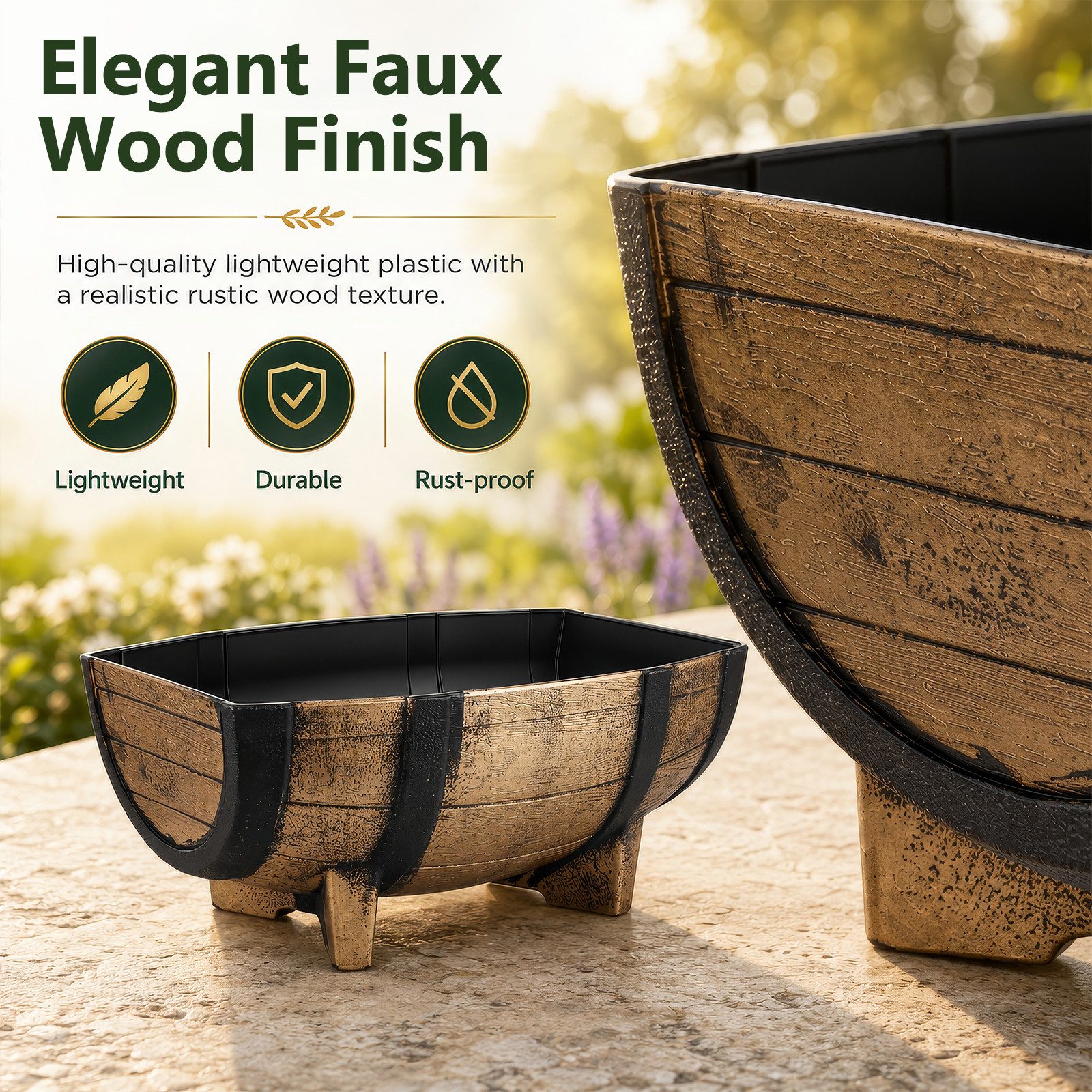 BlingBin Pflanzschale 2x Kunststoff Pflanzschale Eichenfass Optik braun mit Drainageboden (2 Stück, 2 St., 41,5 cm x 30 x 18,5 cm), Garten Deko Blumentopf Pflanzkübel Blumenschale Weinfass