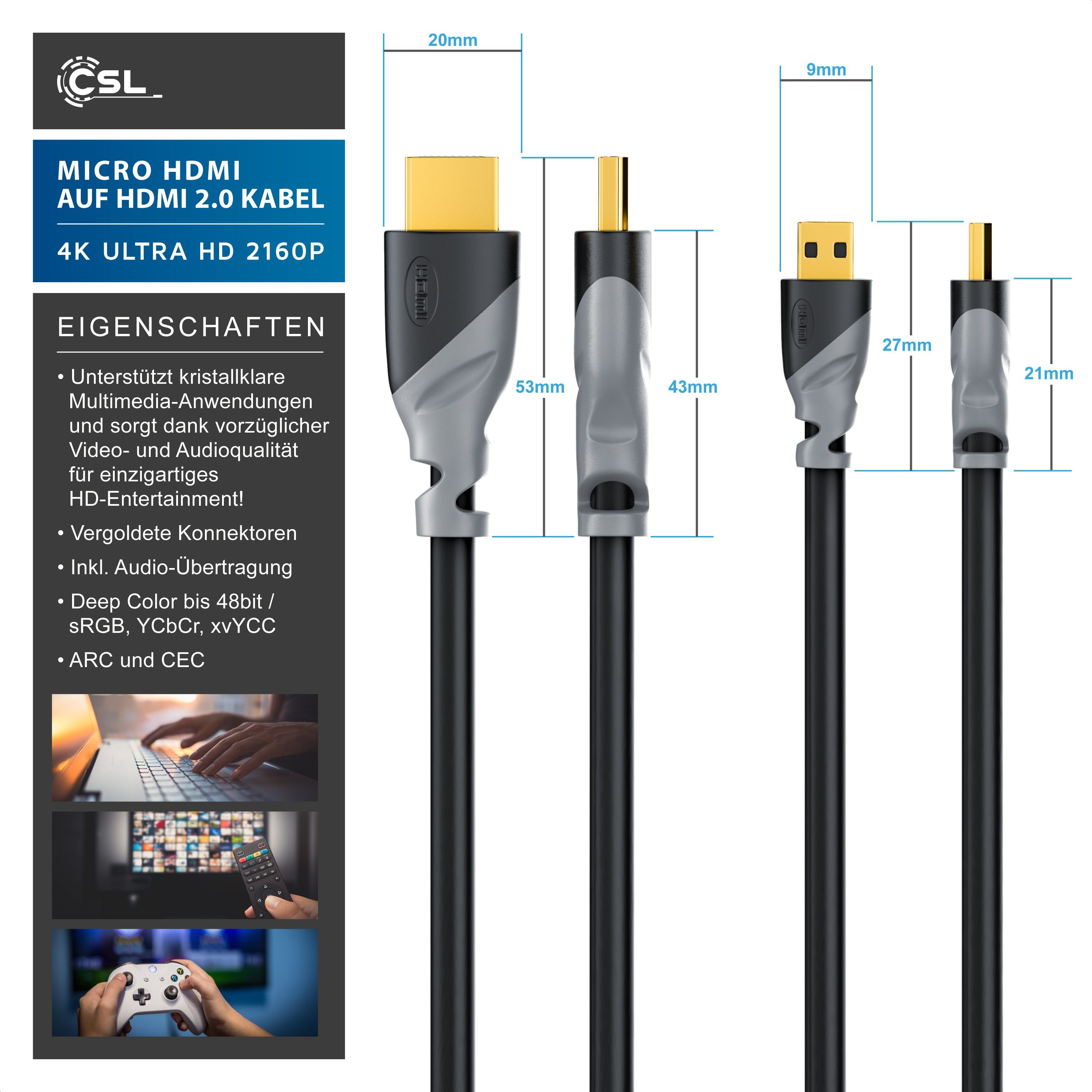 CSL HDMI-Kabel, 2.0, HDMI Typ D (Micro), HDMI Typ A (200 cm), 4K mit Ethernet, Ultra HD Auflösung 2160p (3840 × 2160 Pixel) - 2m