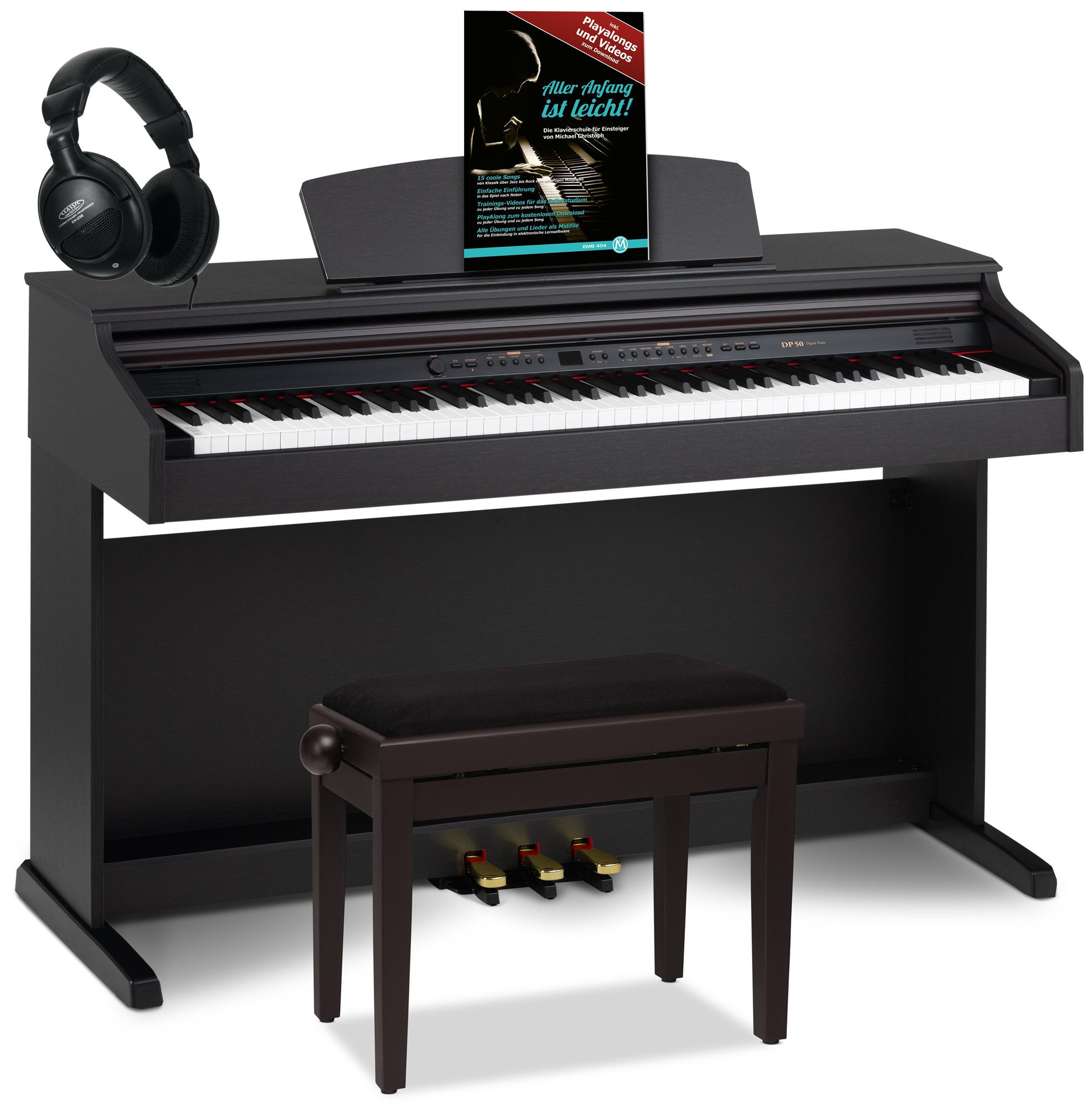 Classic Cantabile Digitalpiano DP-50 E-Piano Set mit 88 Tasten Hammermechanik (Spar-Set, inkl. Klavierbank, Kopfhörer & Schule), Klavier, Layer-, Split-, Twin-Piano- und Aufnahmefunktion